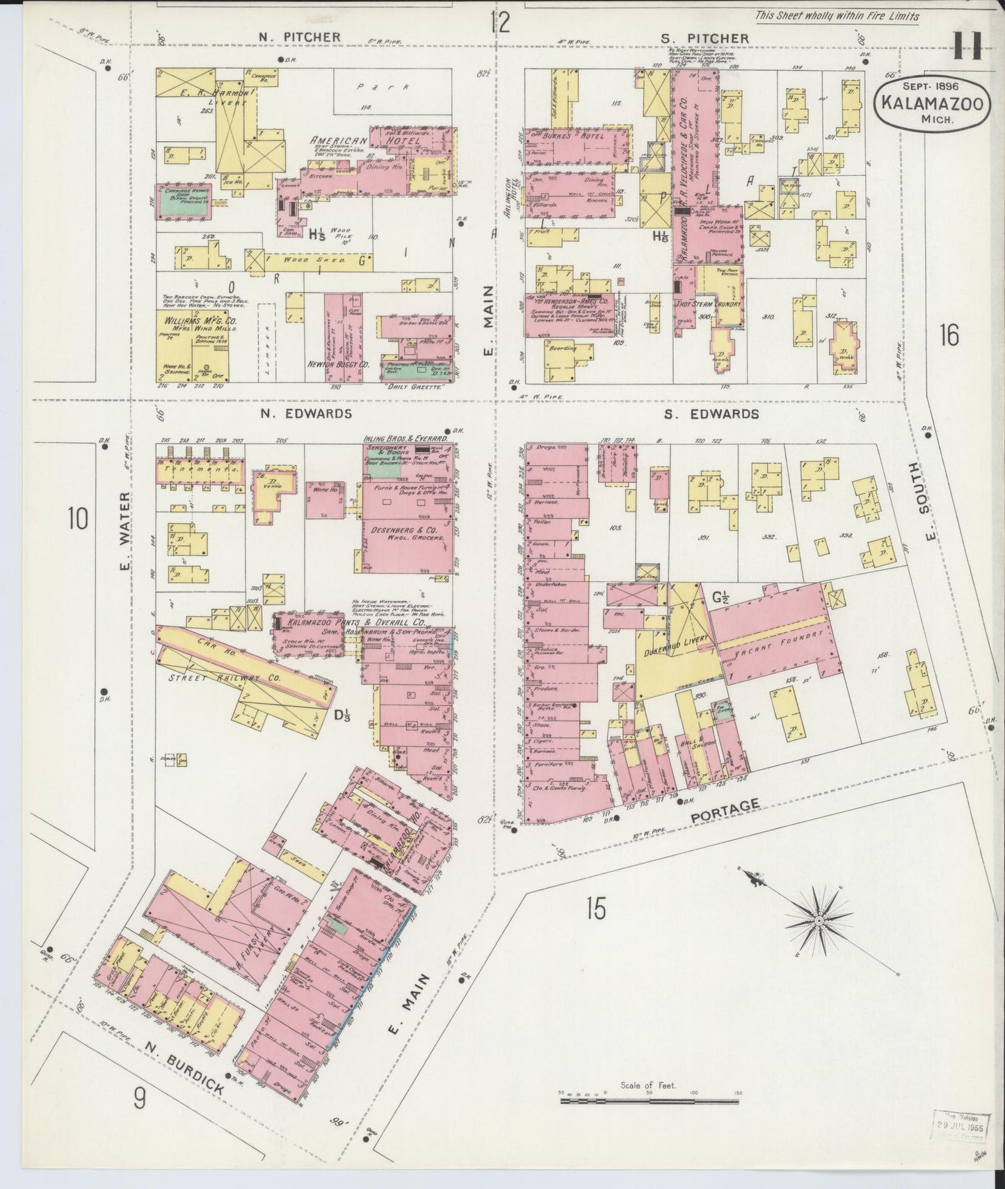 Sanborn Fire Insurance Map from Kalamazoo, Kalamazoo County, Michigan (1896), Sheet #0011 - Complete Map Set gallery image, historic Sanborn map, vintage wall art, Michigan Michigan