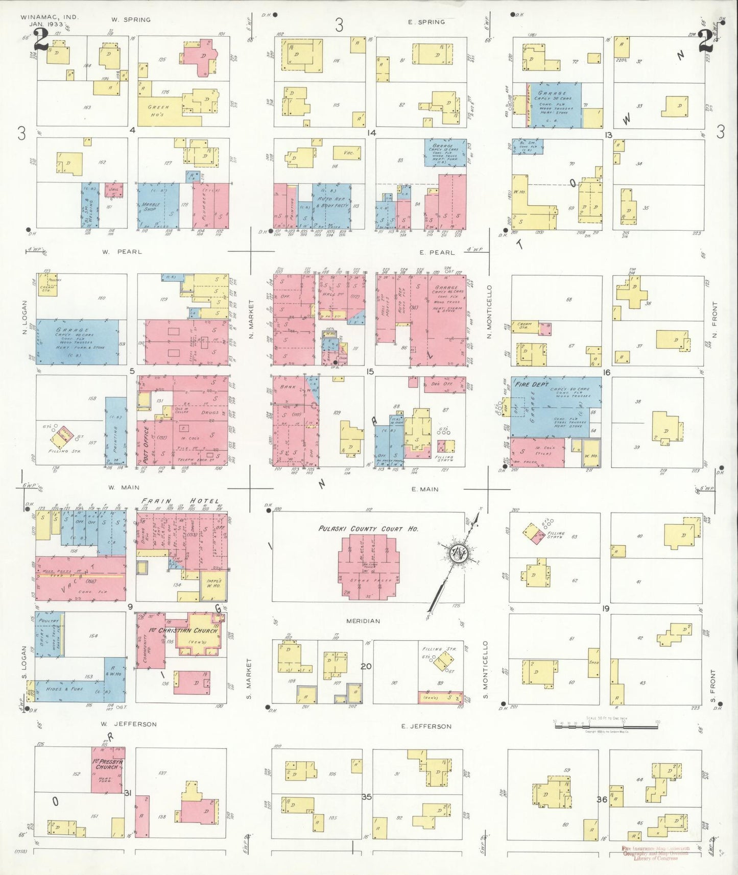 Sanborn Fire Insurance Map from Winamac, Pulaski County, Indiana (1933), Sheet #0002 - Historic Sanborn Fire Insurance Map Print, vintage old map wall art, antique decor, genealogy gift, Indiana Indiana map