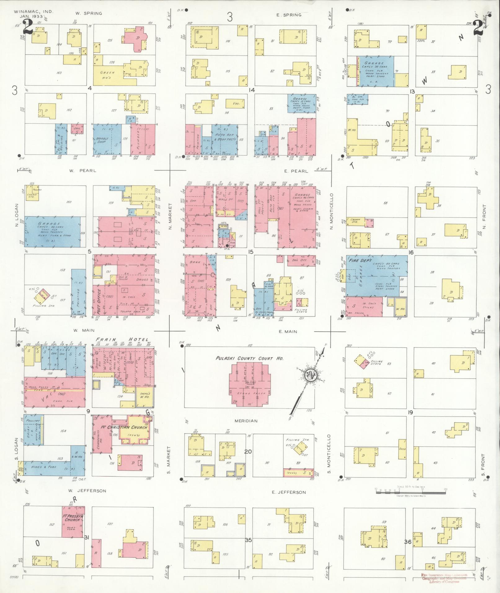 Sanborn Fire Insurance Map from Winamac, Pulaski County, Indiana (1933), Sheet #0002 - Historic Sanborn Fire Insurance Map Print, vintage old map wall art, antique decor, genealogy gift, Indiana Indiana map