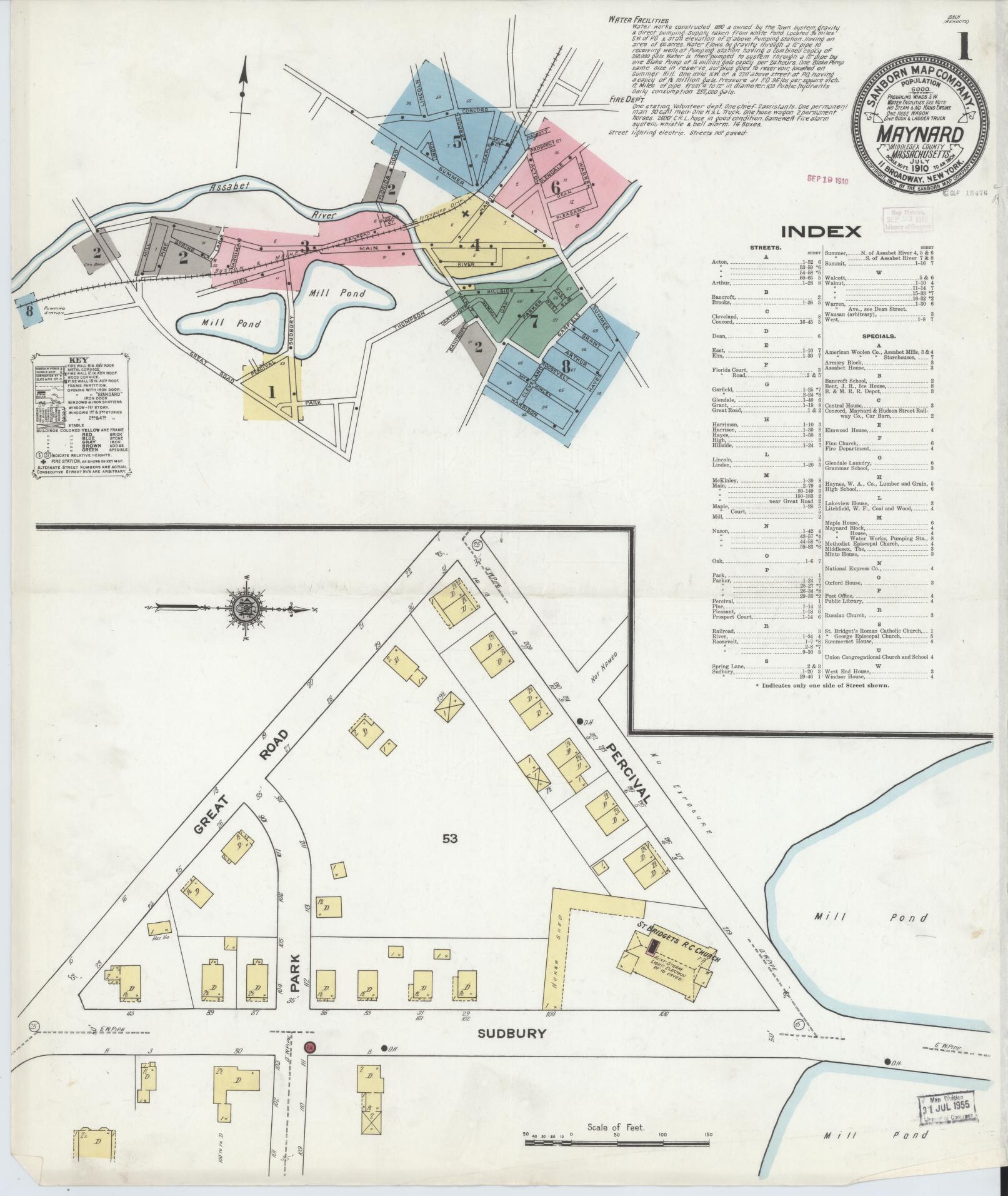 Sanborn Fire Insurance Map from Maynard, Middlesex County, Massachusetts (1910), Sheet #0001 - Complete Map Set gallery image, historic Sanborn map, vintage wall art, Massachusetts Massachusetts