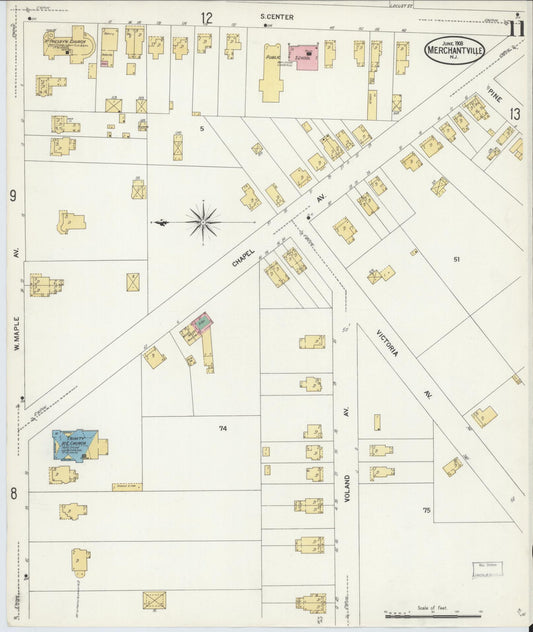 Sanborn Fire Insurance Map from Merchantville, Camden County, New Jersey (1908), Sheet #0011 - Historic Sanborn Fire Insurance Map Print, vintage old map wall art, antique decor, genealogy gift, New Jersey New Jersey map
