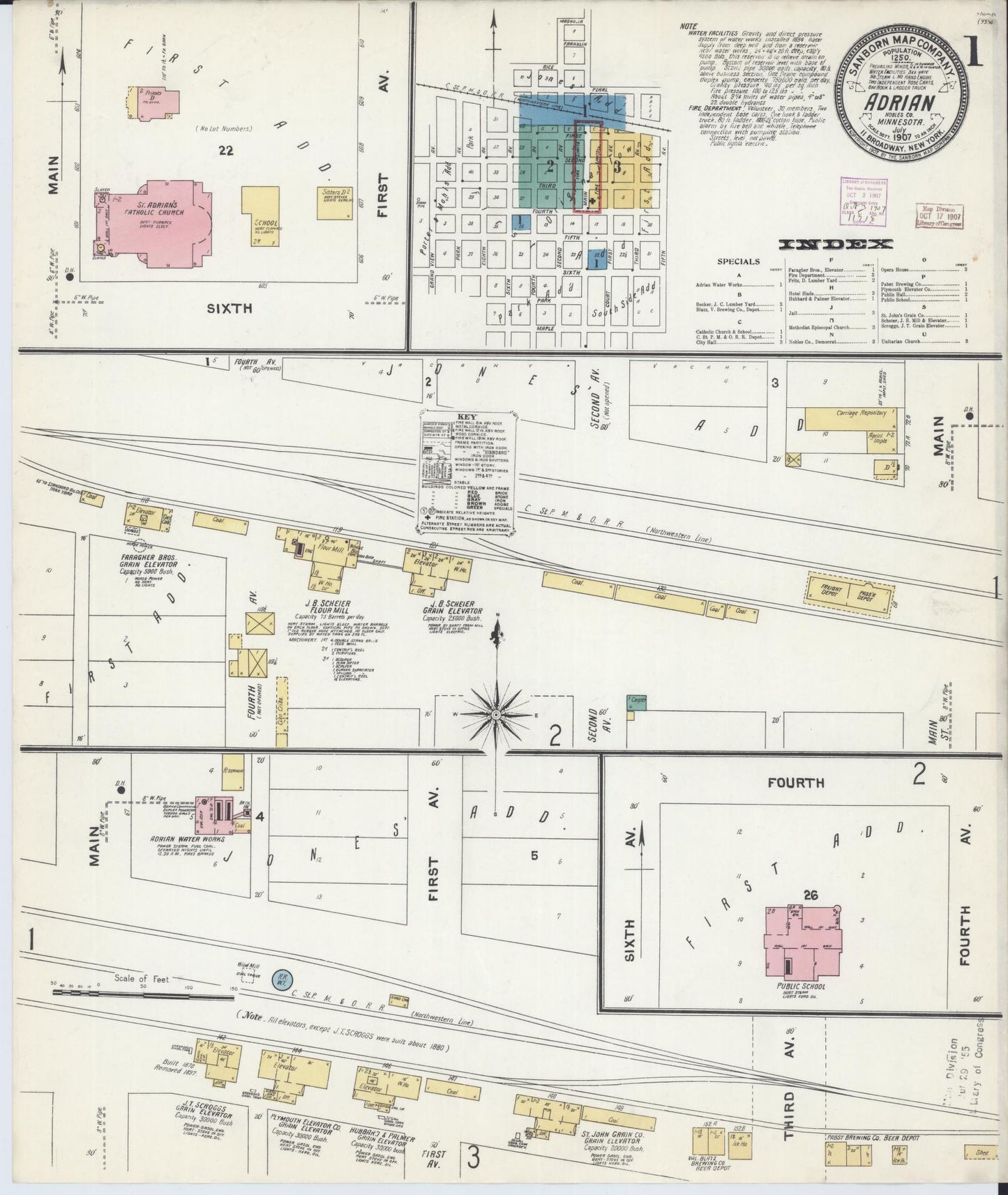 Sanborn Fire Insurance Map from Adrian, Nobles County, Minnesota (1907), Sheet #0001 - Historic Sanborn Fire Insurance Map Print, vintage old map wall art, antique decor, genealogy gift, Minnesota Minnesota map