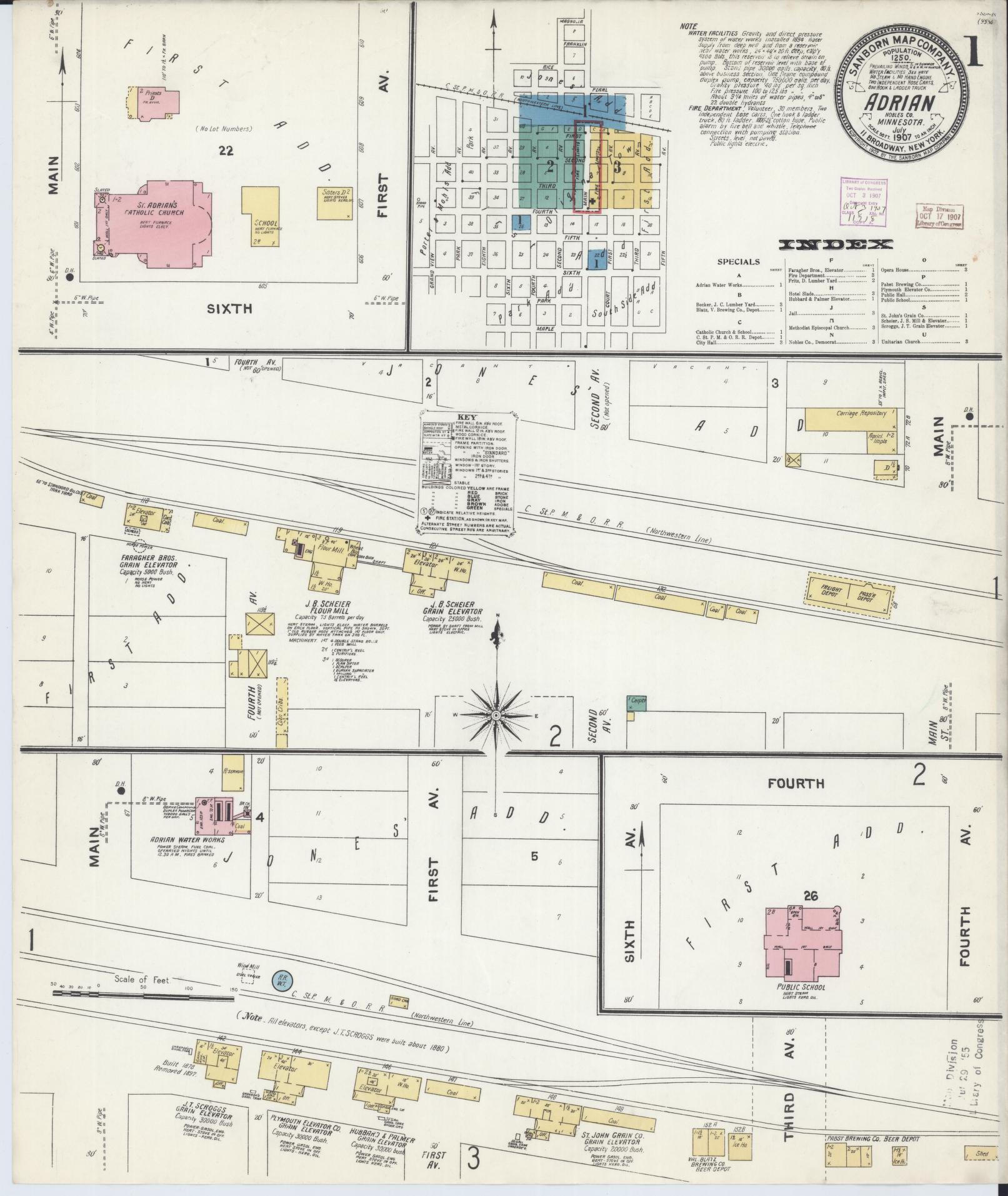 Sanborn Fire Insurance Map from Adrian, Nobles County, Minnesota (1907), Sheet #0001 - Historic Sanborn Fire Insurance Map Print, vintage old map wall art, antique decor, genealogy gift, Minnesota Minnesota map