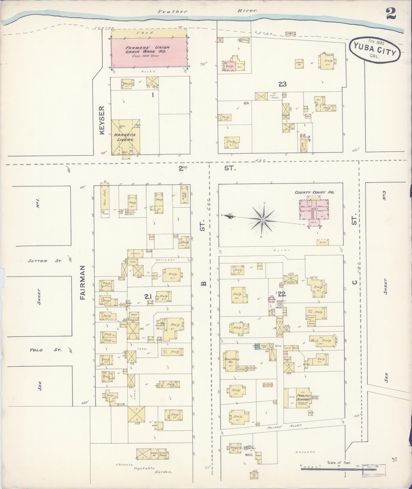 Sanborn Fire Insurance Map from Yuba City, Sutter County, California (1890), Sheet #0002 - Complete Map Set gallery image, historic Sanborn map, vintage wall art, California California