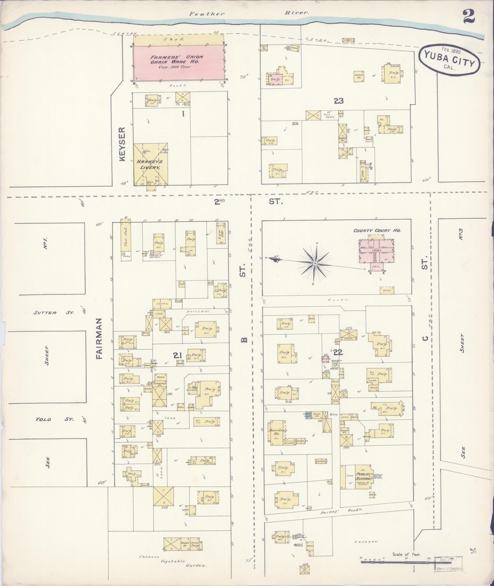 Sanborn Fire Insurance Map from Yuba City, Sutter County, California (1890), Sheet #0002 - Complete Map Set gallery image, historic Sanborn map, vintage wall art, California California