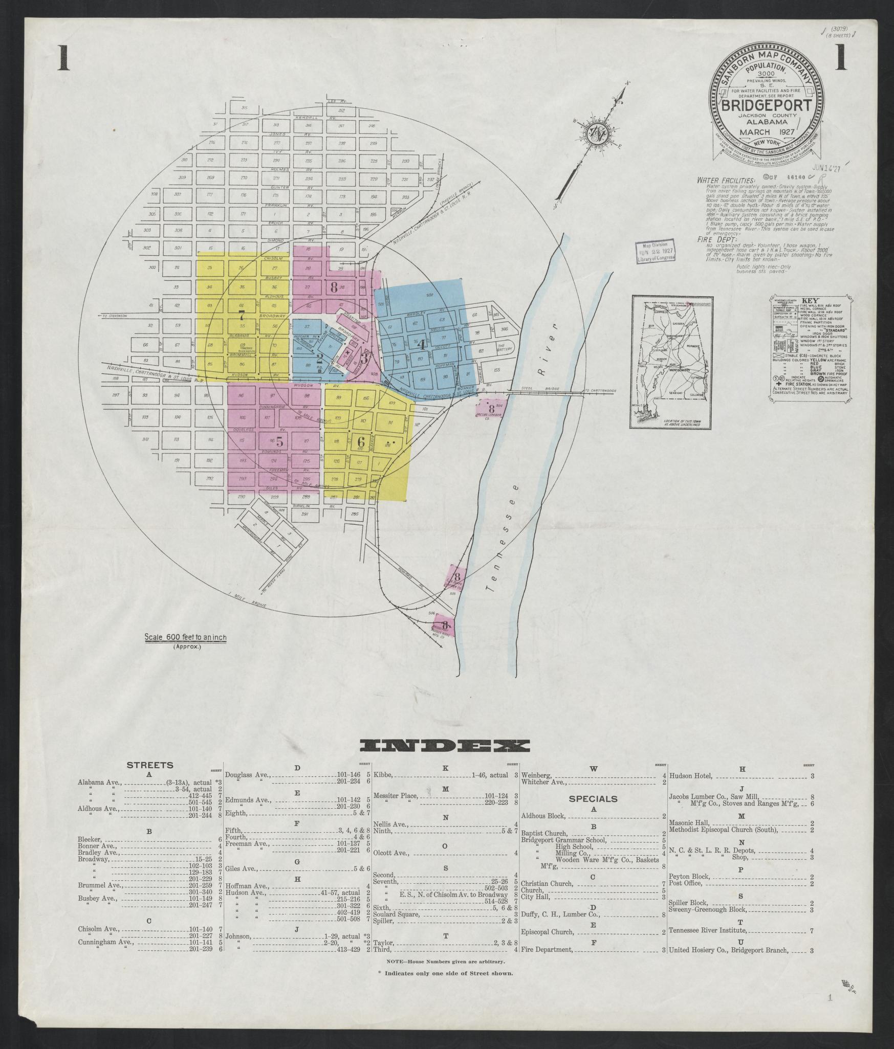 Sanborn Fire Insurance Map from Bridgeport, Jackson County, Alabama (1927), Sheet #0001 - Complete Map Set gallery image, historic Sanborn map, vintage wall art, Alabama Alabama