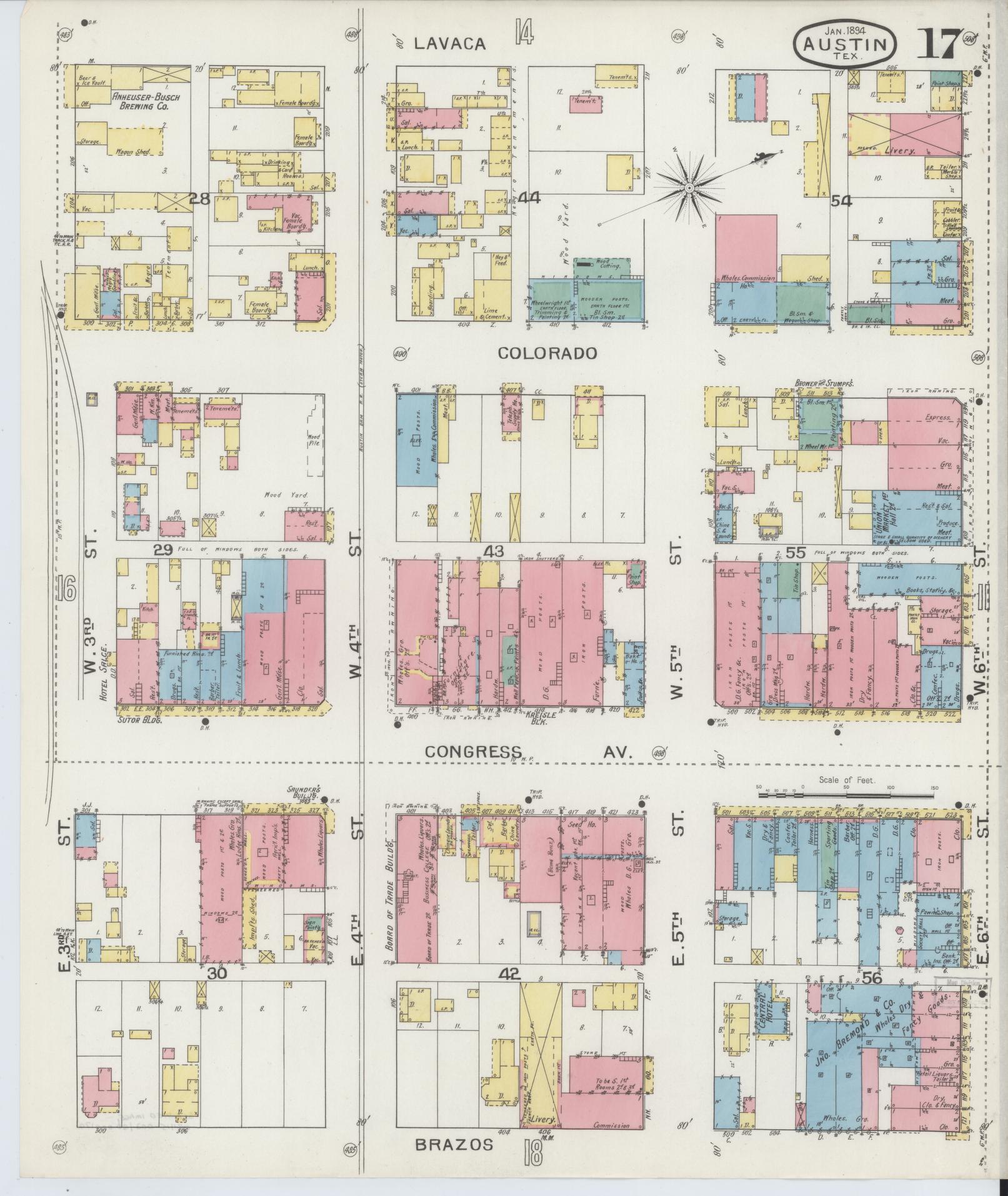 Sanborn Fire Insurance Map from Austin, Travis County, Texas (1894), Sheet #0017 - Historic Sanborn Fire Insurance Map Print, vintage old map wall art, antique decor, genealogy gift, Texas Texas map