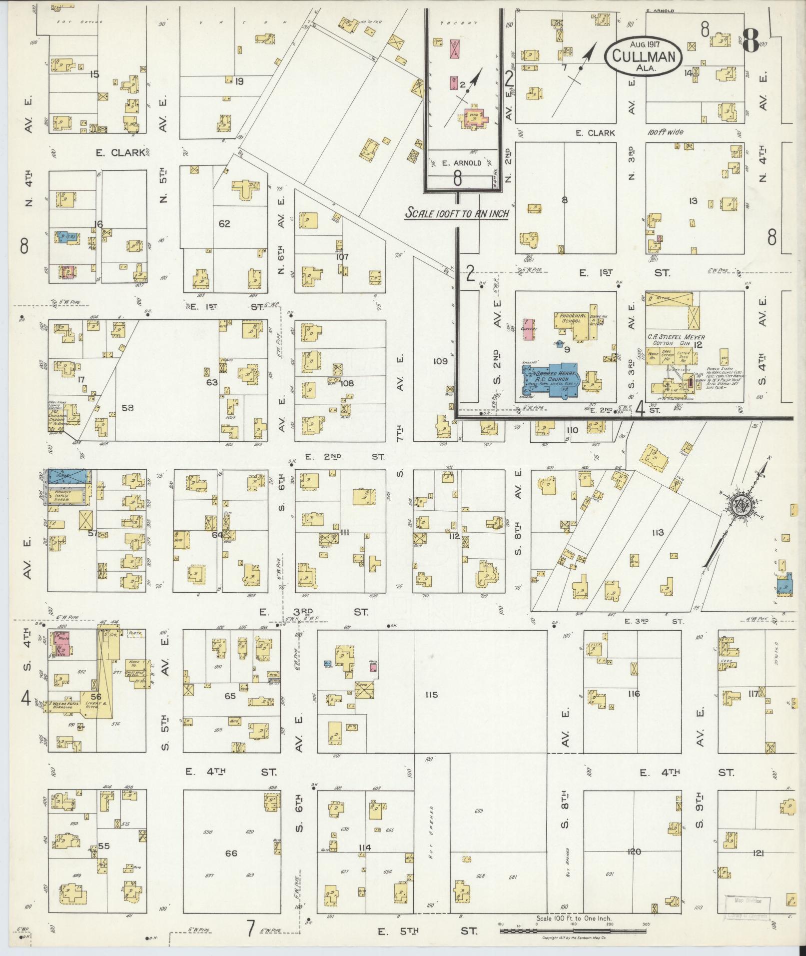 Sanborn Fire Insurance Map from Cullman, Cullman County, Alabama (1917), Sheet #0008 - Historic Sanborn Fire Insurance Map Print, vintage old map wall art, antique decor, genealogy gift, Alabama Alabama map