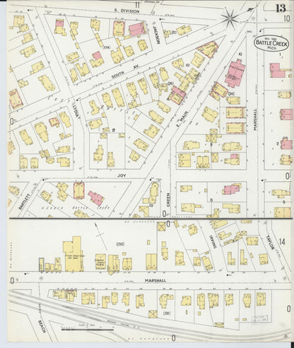 Sanborn Fire Insurance Map from Battle Creek, Calhoun County, Michigan (1899), Sheet #0013 - Historic Sanborn Fire Insurance Map Print, vintage old map wall art, antique decor, genealogy gift, Michigan Michigan map