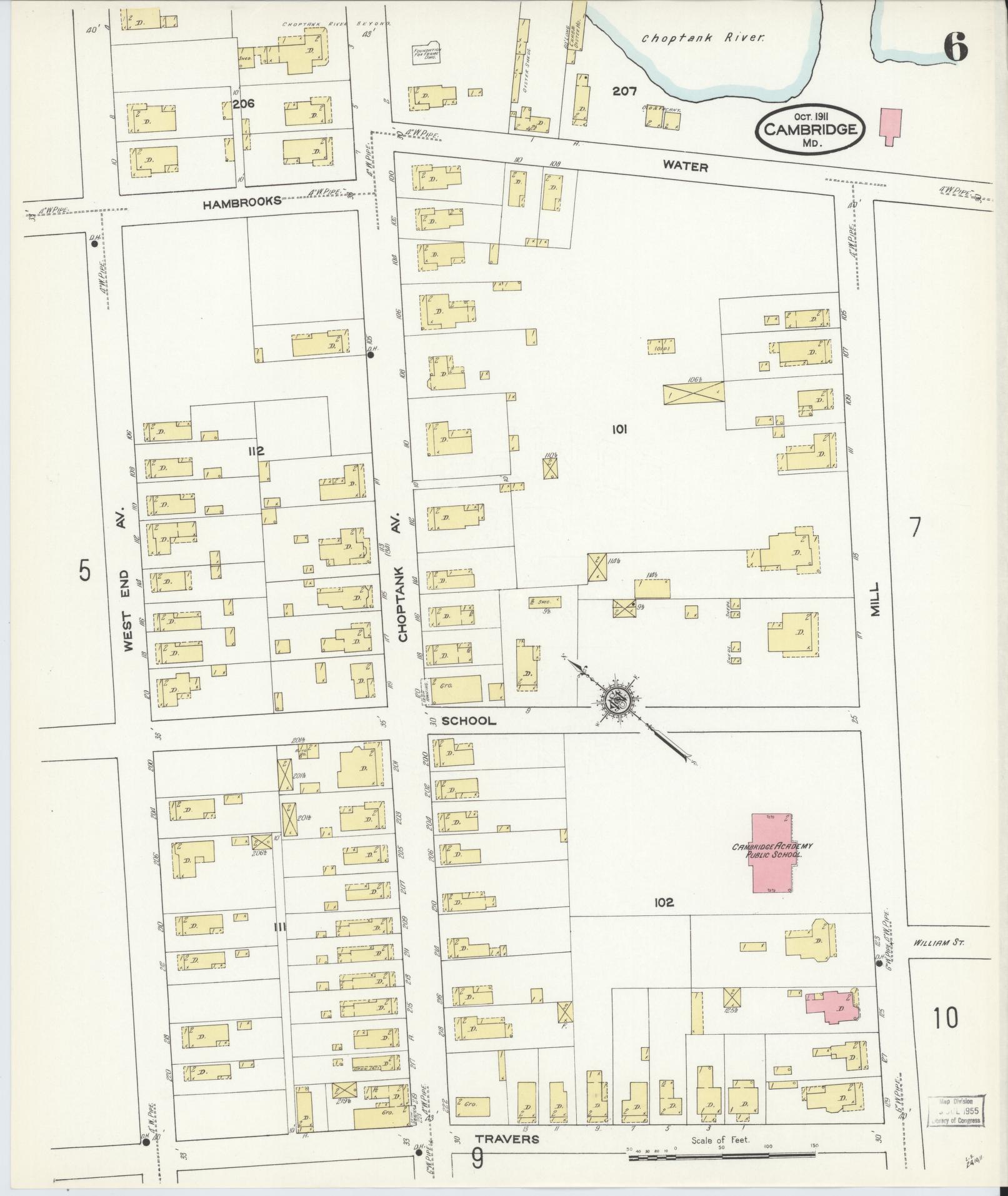 Dorchester, Maryland - 1911 - Sanborn Fire Insurance Map, Sheet #0006 - Historic Sanborn Fire Insurance Map Print, Dorchester Maryland 1911 0006 vintage old map wall art