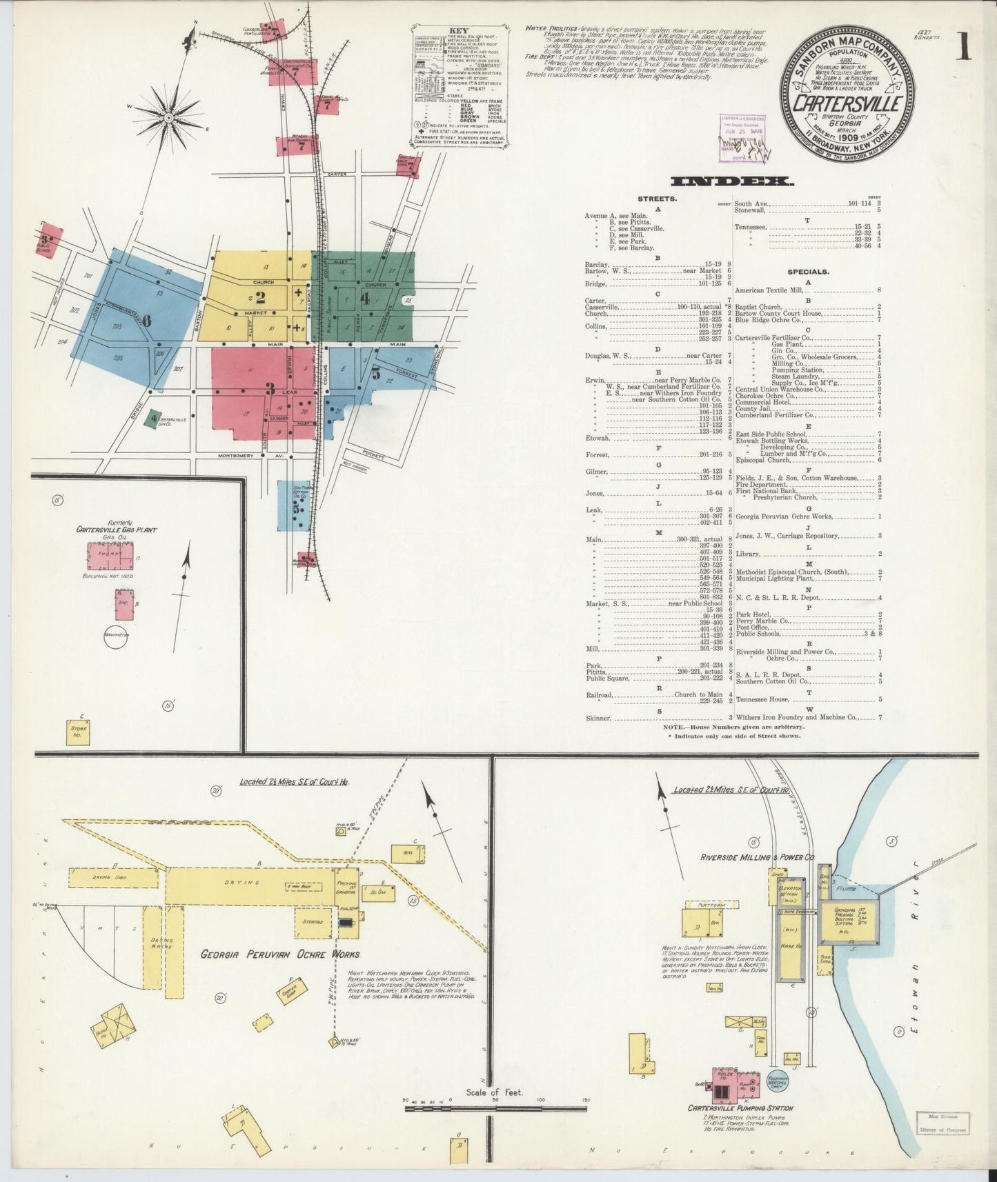 Sanborn Fire Insurance Map from Cartersville, Bartow County, Georgia (1909), Sheet #0001 - Complete Map Set gallery image, historic Sanborn map, vintage wall art, Georgia Georgia