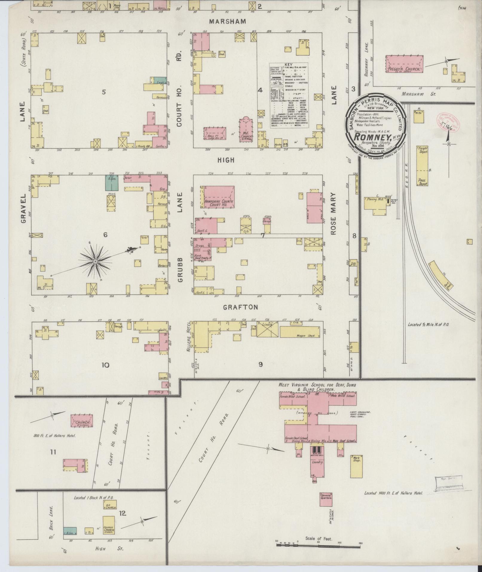 Sanborn Fire Insurance Map from Romney, Hampshire County, West Virginia (1894), Sheet #0001 - Historic Sanborn Fire Insurance Map Print, vintage old map wall art, antique decor, genealogy gift, West Virginia West Virginia map