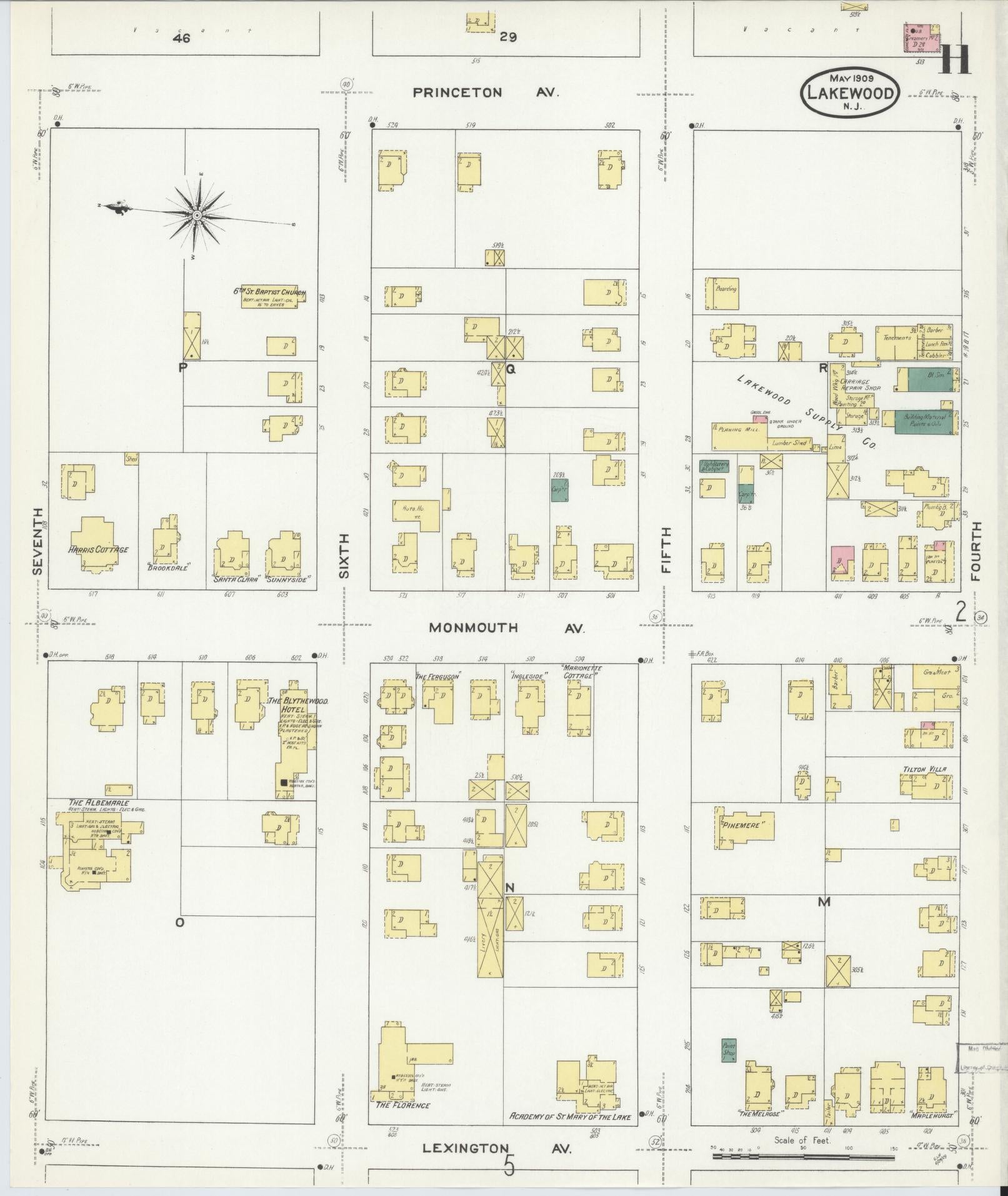Sanborn Fire Insurance Map from Lakewood, Ocean County, New Jersey (1909), Sheet #0011 - Historic Sanborn Fire Insurance Map Print, vintage old map wall art, antique decor, genealogy gift, New Jersey New Jersey map