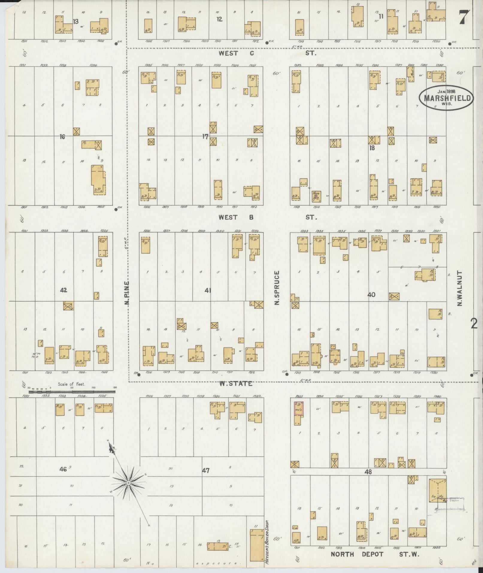 Sanborn Fire Insurance Map from Marshfield, Wood County, Wisconsin (1898), Sheet #0007 - Historic Sanborn Fire Insurance Map Print, vintage old map wall art, antique decor, genealogy gift, Wisconsin Wisconsin map