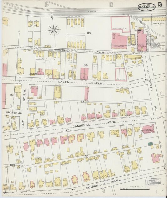 Sanborn Fire Insurance Map from Roanoke, Independent Cities, Virginia (1893), Sheet #0005 - Historic Sanborn Fire Insurance Map Print, vintage old map wall art, antique decor, genealogy gift, Virginia Virginia map