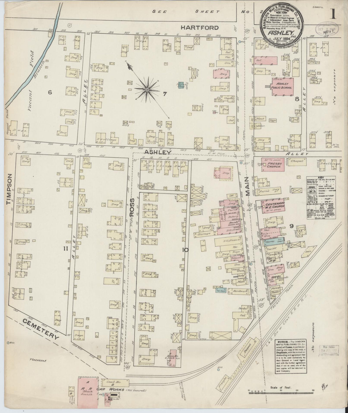 Sanborn Fire Insurance Map from Ashley, Luzerne County, Pennsylvania (1884), Sheet #0001 - Complete Map Set gallery image, historic Sanborn map, vintage wall art, Pennsylvania Pennsylvania