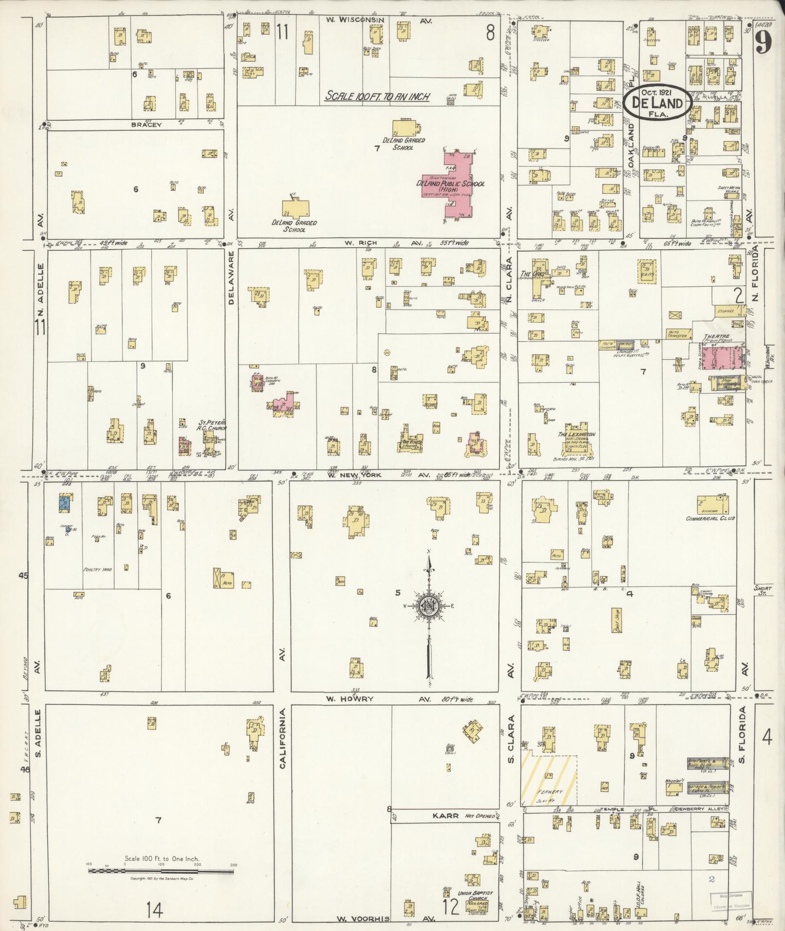 Sanborn Fire Insurance Map from De Land, Volusia County, Florida (1921), Sheet #0009 - Complete Map Set gallery image, historic Sanborn map, vintage wall art, Florida Florida