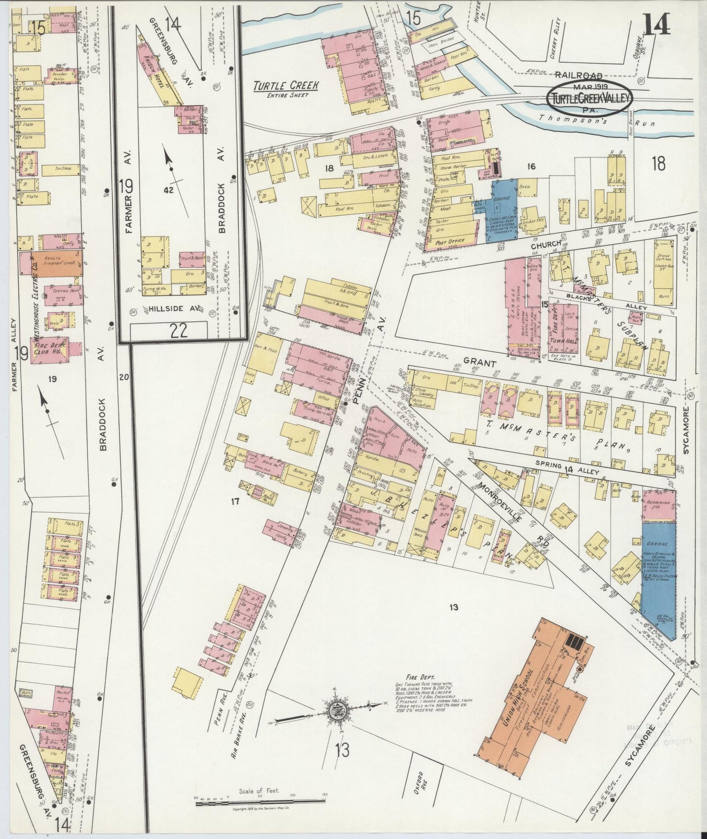 Sanborn Fire Insurance Map from Turtle Creek Valley, Allegheny County, Pennsylvania (1919), Sheet #0014 - Historic Sanborn Fire Insurance Map Print, vintage old map wall art, antique decor, genealogy gift, Pennsylvania Pennsylvania map