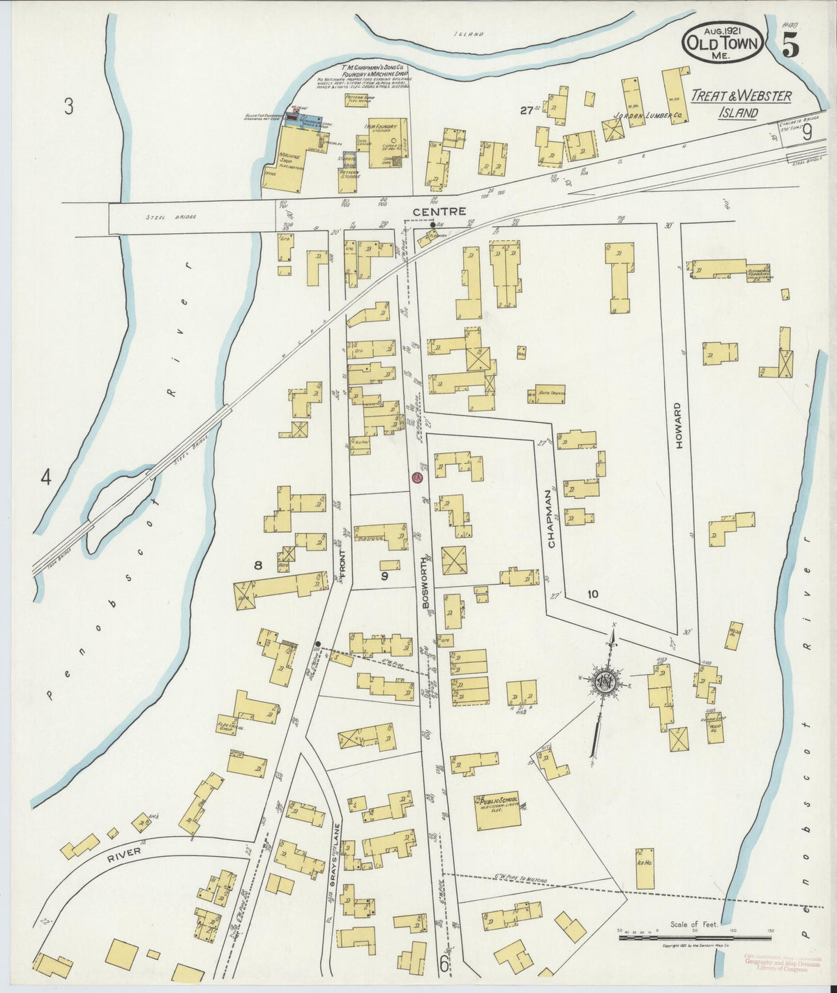 Sanborn Fire Insurance Map from Old Town, Penobscot County, Maine (1921), Sheet #0005 - Complete Map Set gallery image, historic Sanborn map, vintage wall art, Maine Maine