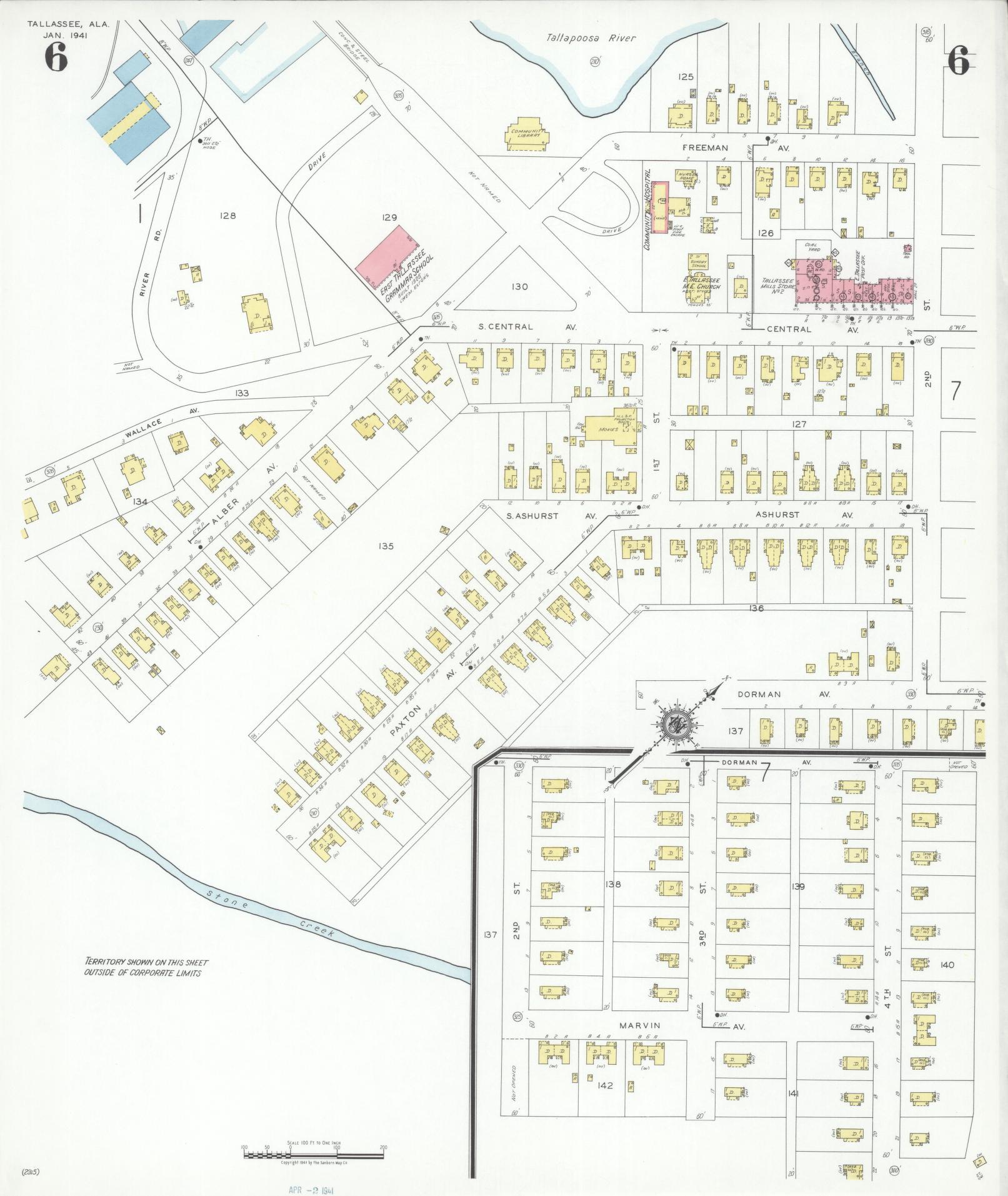 Sanborn Fire Insurance Map from Tallassee, Elmore And Tallapoosa Counties, Alabama (1941), Sheet #0006 - Historic Sanborn Fire Insurance Map Print, vintage old map wall art, antique decor, genealogy gift, Alabama Alabama map