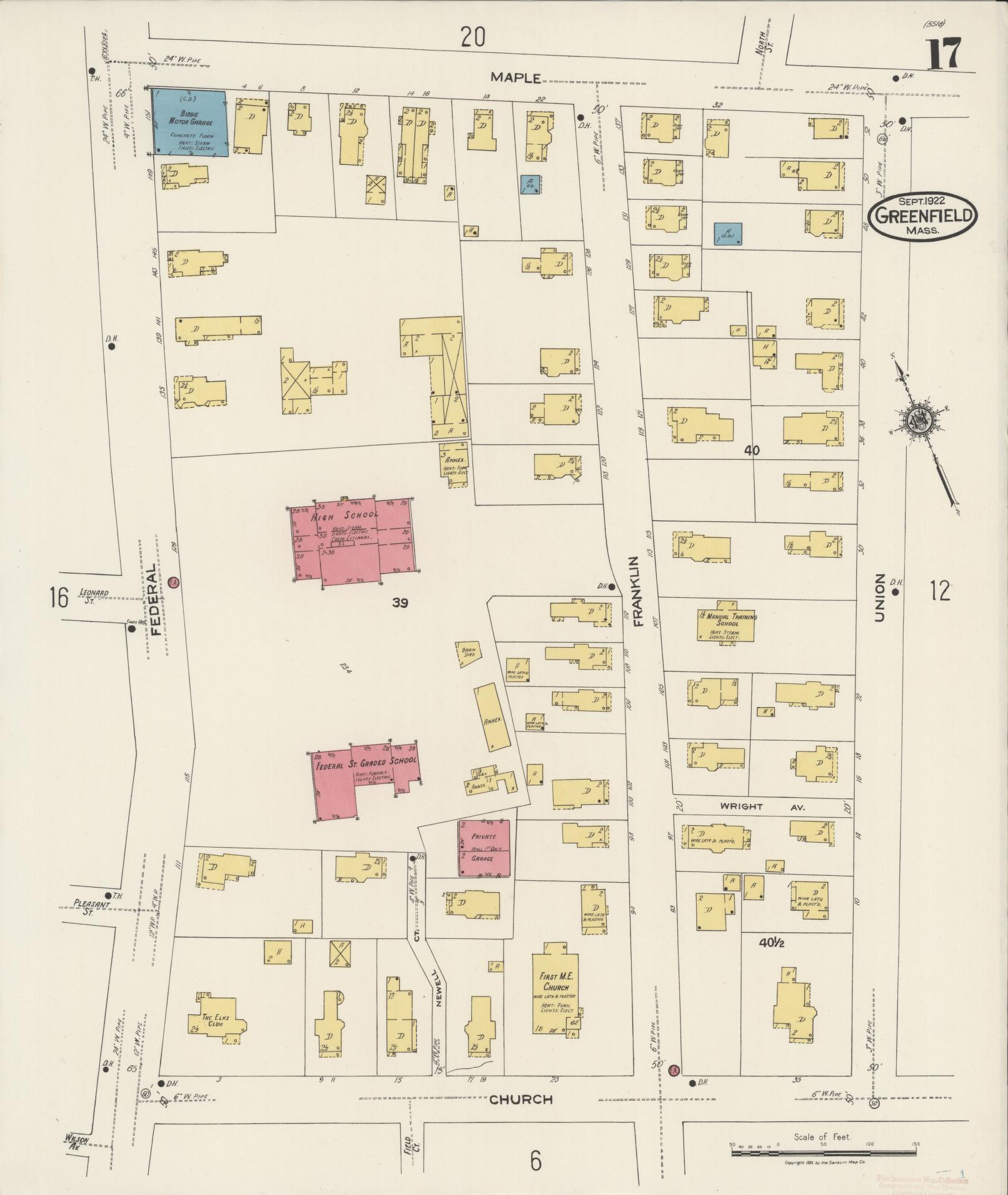 Sanborn Fire Insurance Map from Greenfield, Franklin County, Massachusetts (1922), Sheet #0017 - Complete Map Set gallery image, historic Sanborn map, vintage wall art, Massachusetts Massachusetts