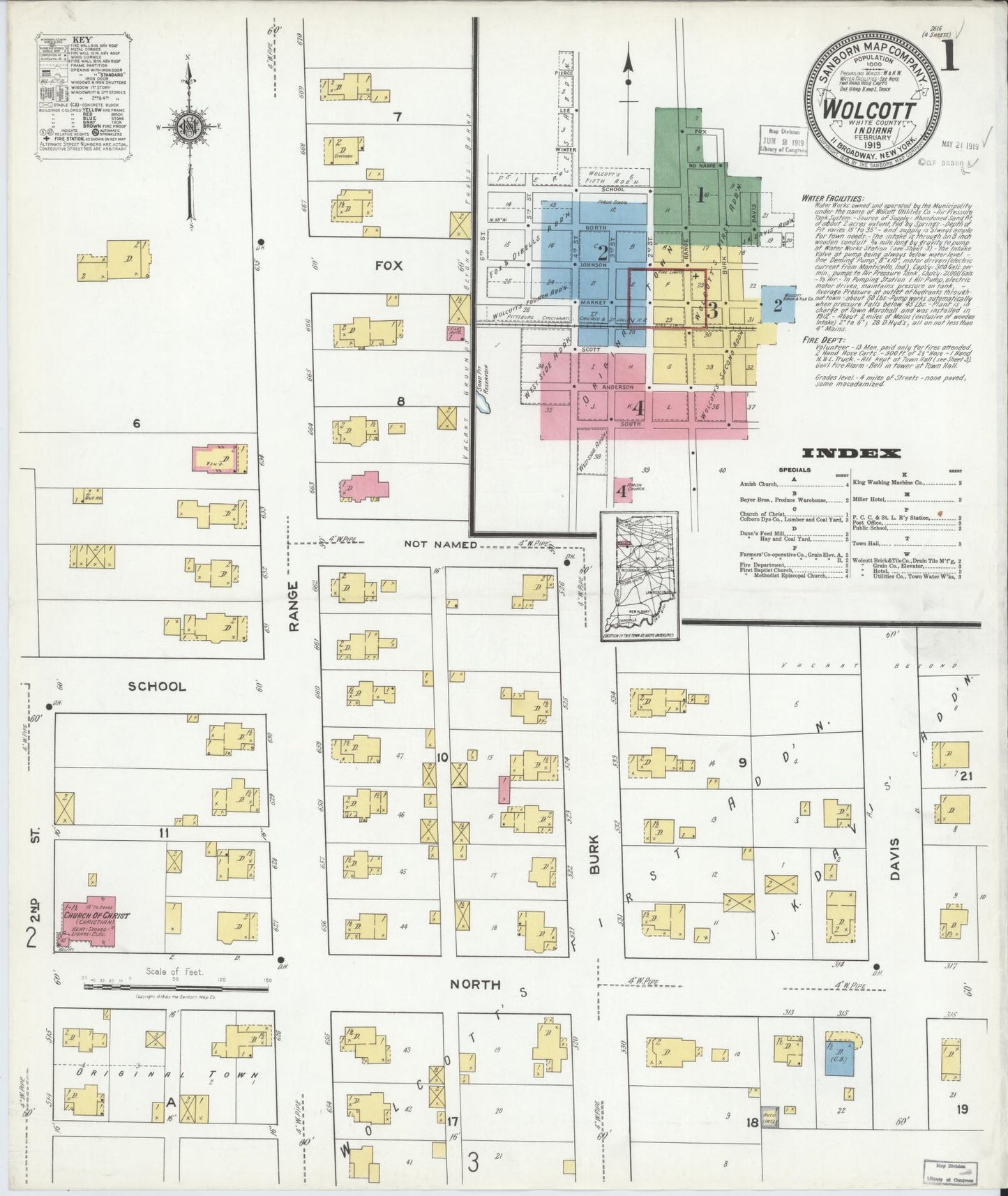 Sanborn Fire Insurance Map from Wolcott, White County, Indiana (1919), Sheet #0001 - Complete Map Set gallery image, historic Sanborn map, vintage wall art, Indiana Indiana