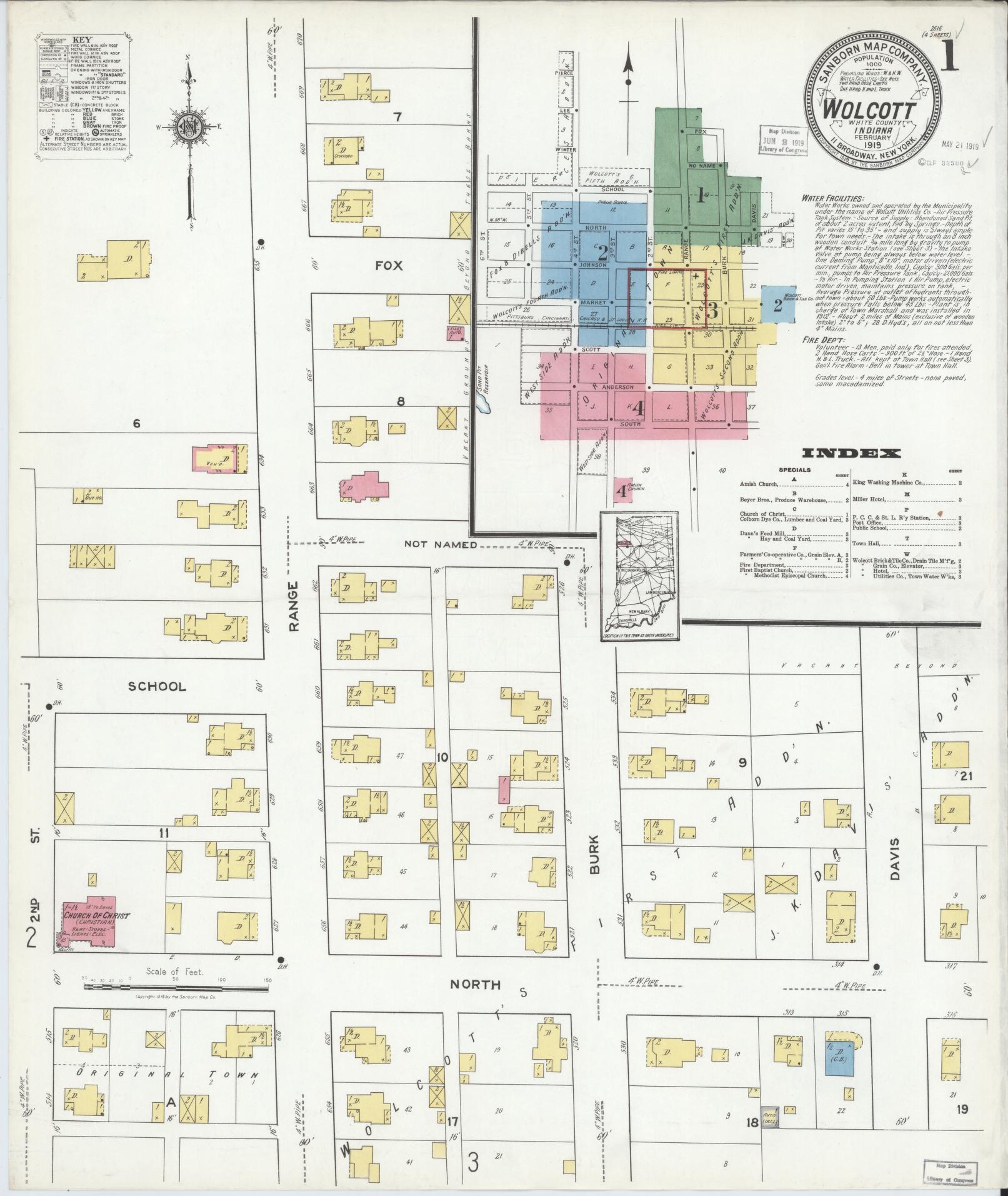Sanborn Fire Insurance Map from Wolcott, White County, Indiana (1919), Sheet #0001 - Complete Map Set gallery image, historic Sanborn map, vintage wall art, Indiana Indiana