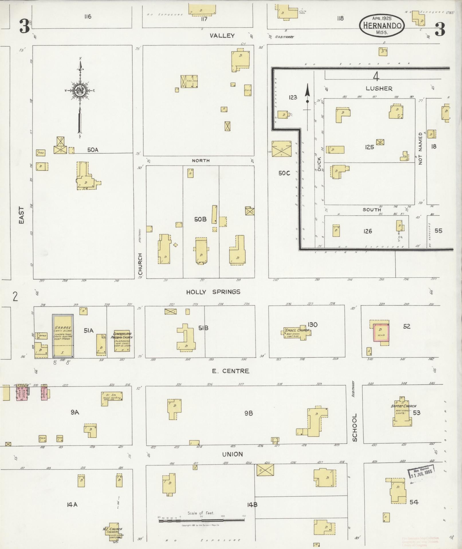 Sanborn Fire Insurance Map from Hernando, De Soto County, Mississippi (1925), Sheet #0003 - Complete Map Set gallery image, historic Sanborn map, vintage wall art, Mississippi Mississippi