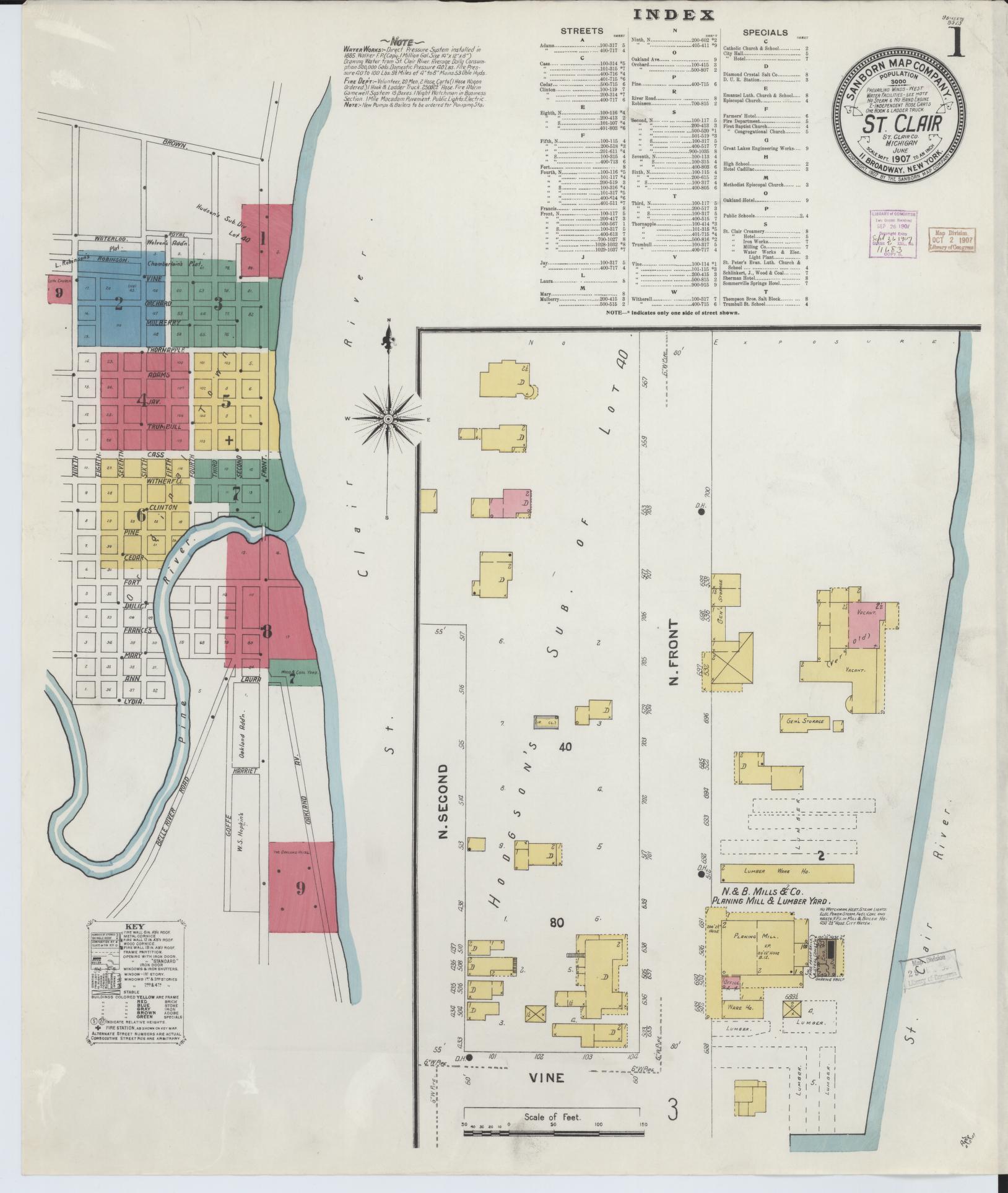 Sanborn Fire Insurance Map from Saint Clair, Saint Clair County, Michigan (1907), Sheet #0001 - Complete Map Set gallery image, historic Sanborn map, vintage wall art, Michigan Michigan