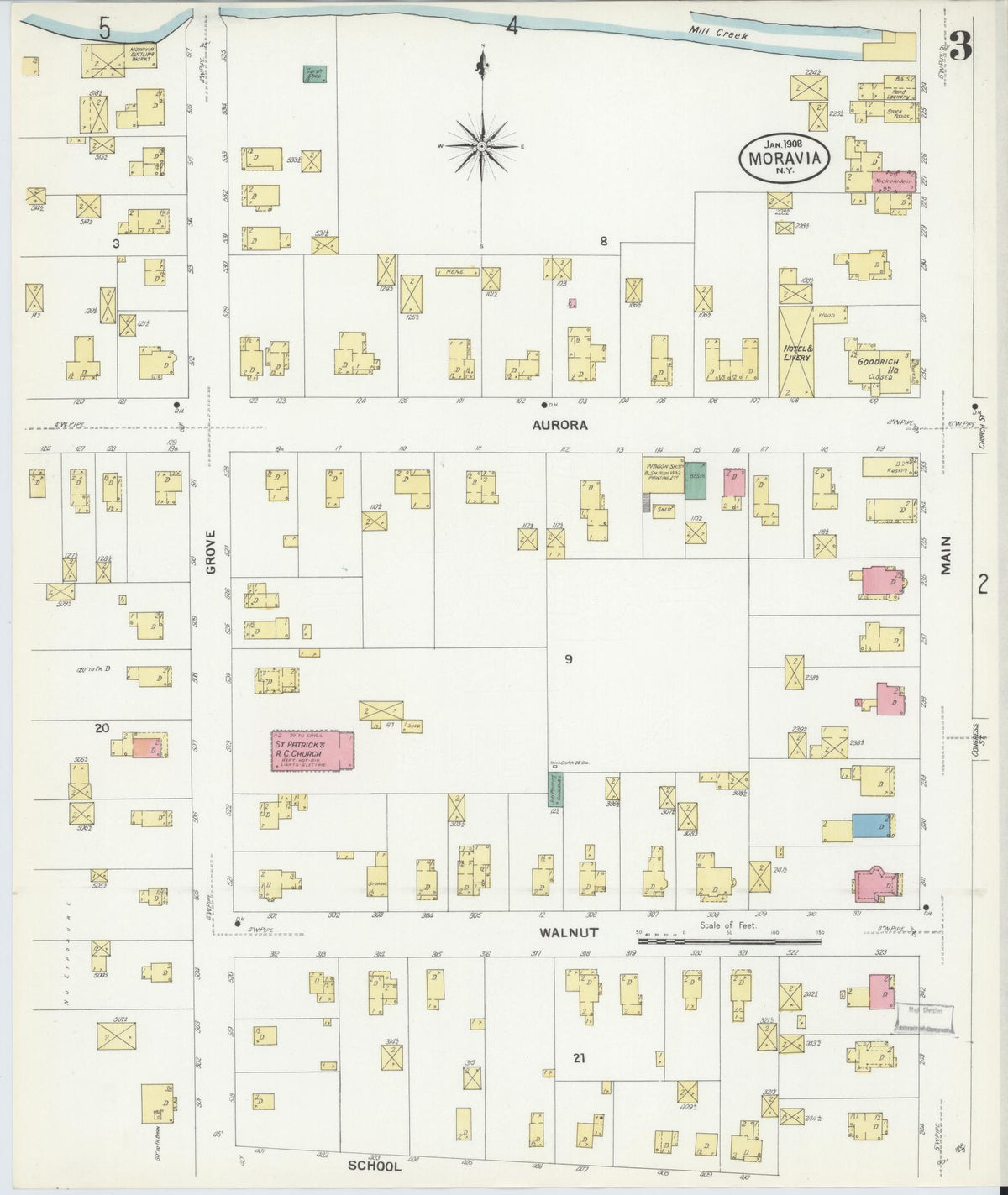 Sanborn Fire Insurance Map from Moravia, Cayuga County, New York (1908), Sheet #0003 - Complete Map Set gallery image, historic Sanborn map, vintage wall art, New York New York