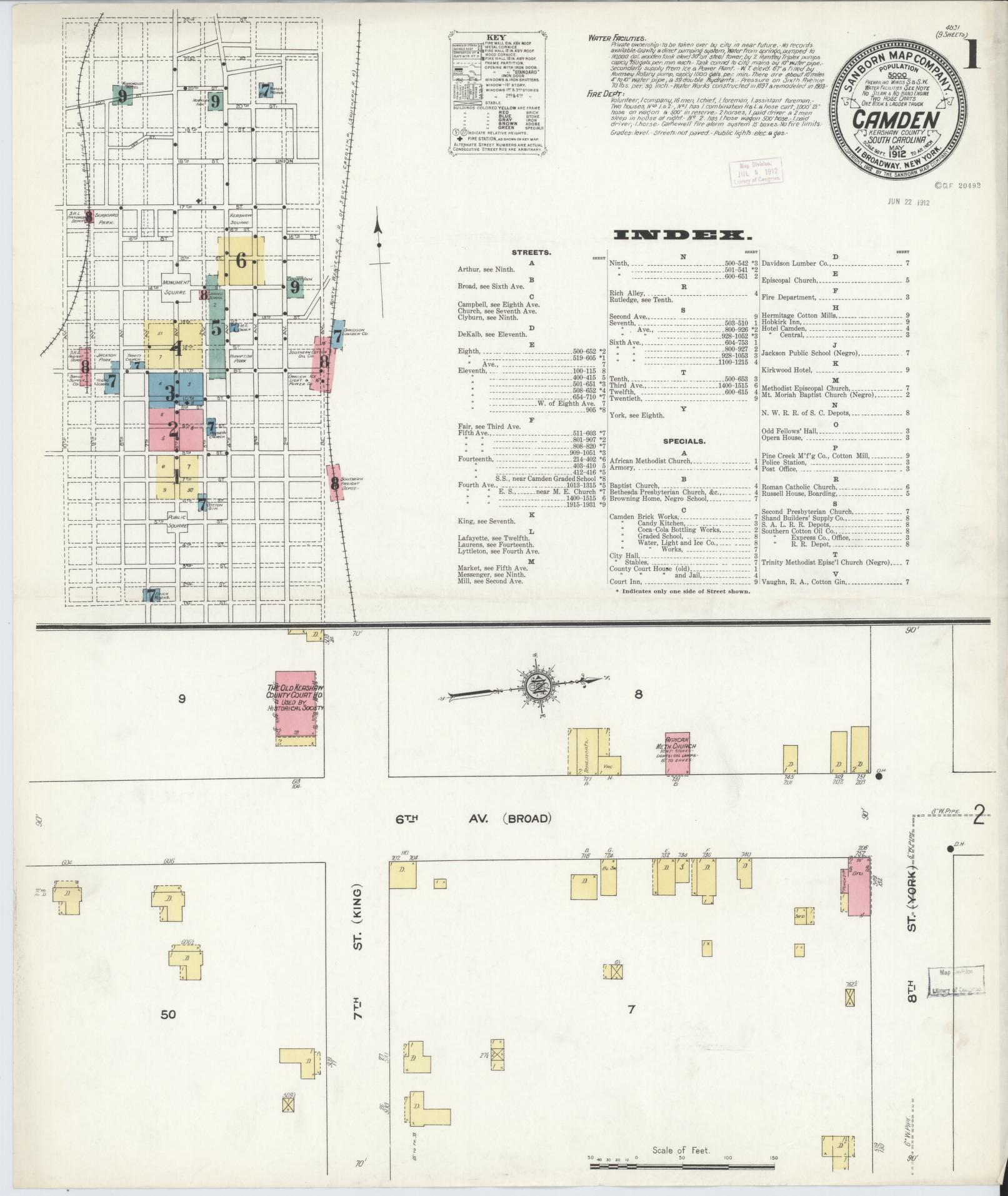Sanborn Fire Insurance Map from Camden, Kershaw County, South Carolina (1912), Sheet #0001 - Complete Map Set gallery image, historic Sanborn map, vintage wall art, South Carolina South Carolina