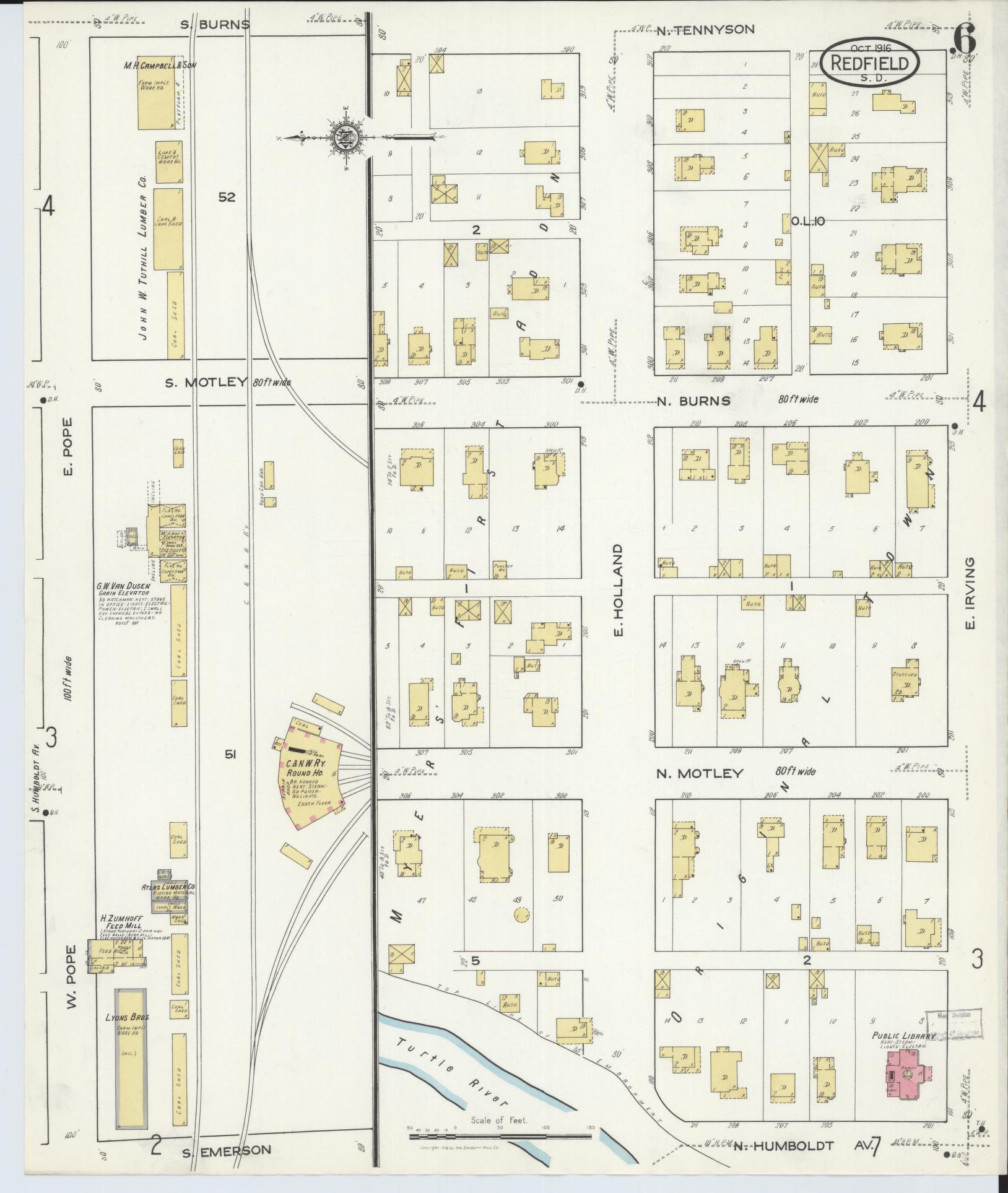 Sanborn Fire Insurance Map from Redfield, Spink County, South Dakota (1916), Sheet #0006 - Complete Map Set gallery image, historic Sanborn map, vintage wall art, South Dakota South Dakota