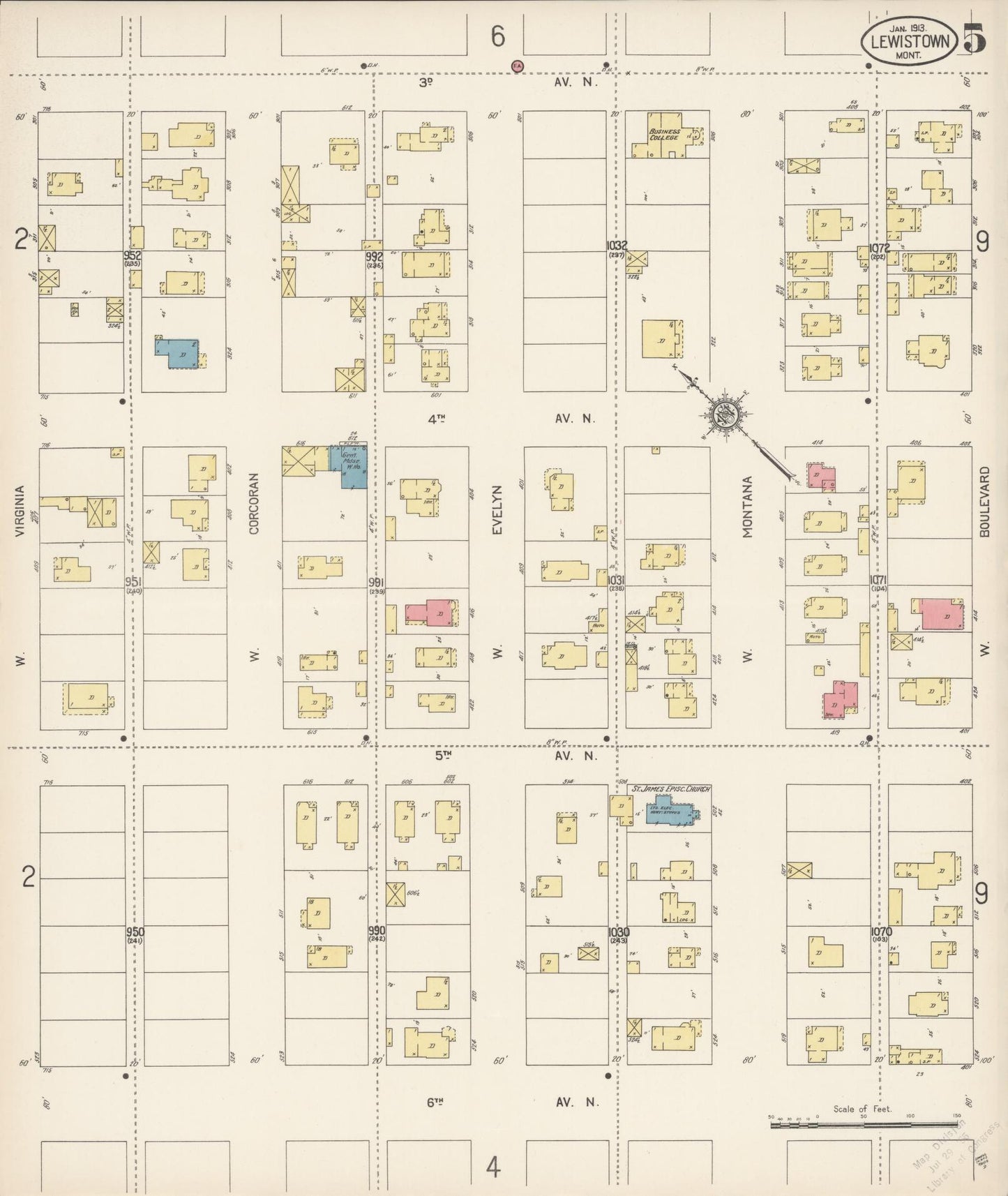 Sanborn Fire Insurance Map from Lewistown, Fergus County, Montana (1913), Sheet #0005 - Historic Sanborn Fire Insurance Map Print, vintage old map wall art, antique decor, genealogy gift, Montana Montana map