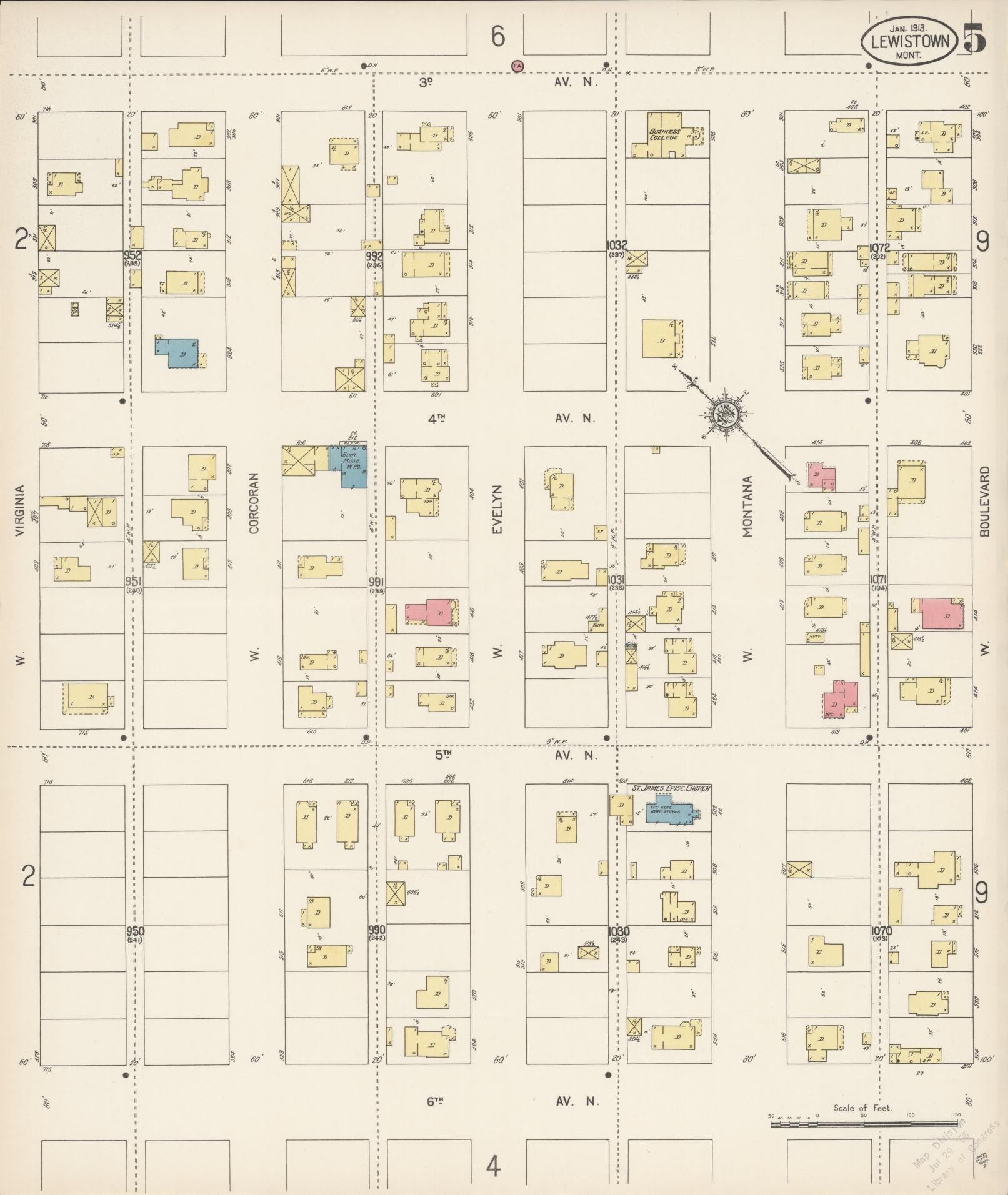 Sanborn Fire Insurance Map from Lewistown, Fergus County, Montana (1913), Sheet #0005 - Historic Sanborn Fire Insurance Map Print, vintage old map wall art, antique decor, genealogy gift, Montana Montana map