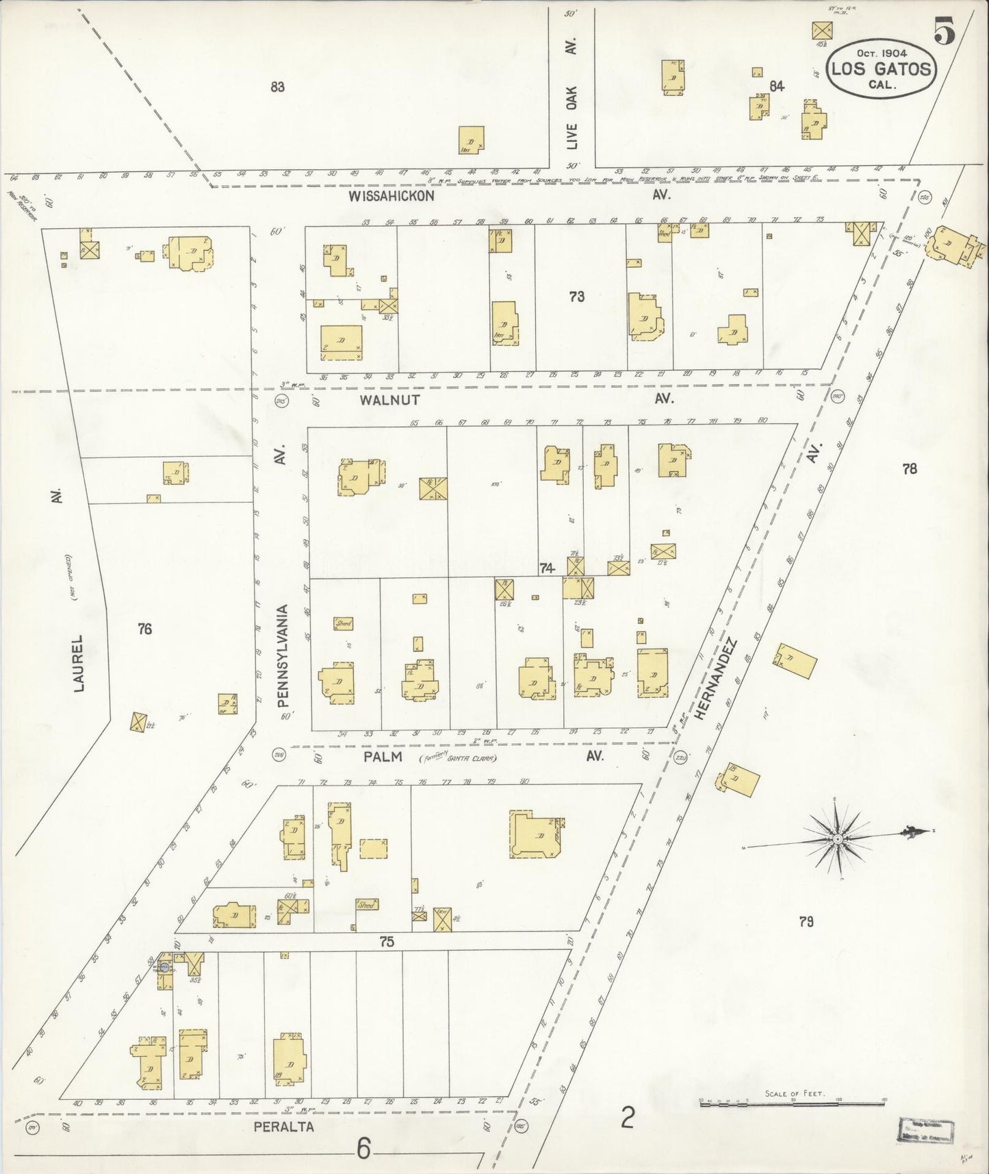 Sanborn Fire Insurance Map from Los Gatos, Santa Clara County, California (1904), Sheet #0005 - Complete Map Set gallery image, historic Sanborn map, vintage wall art, California California