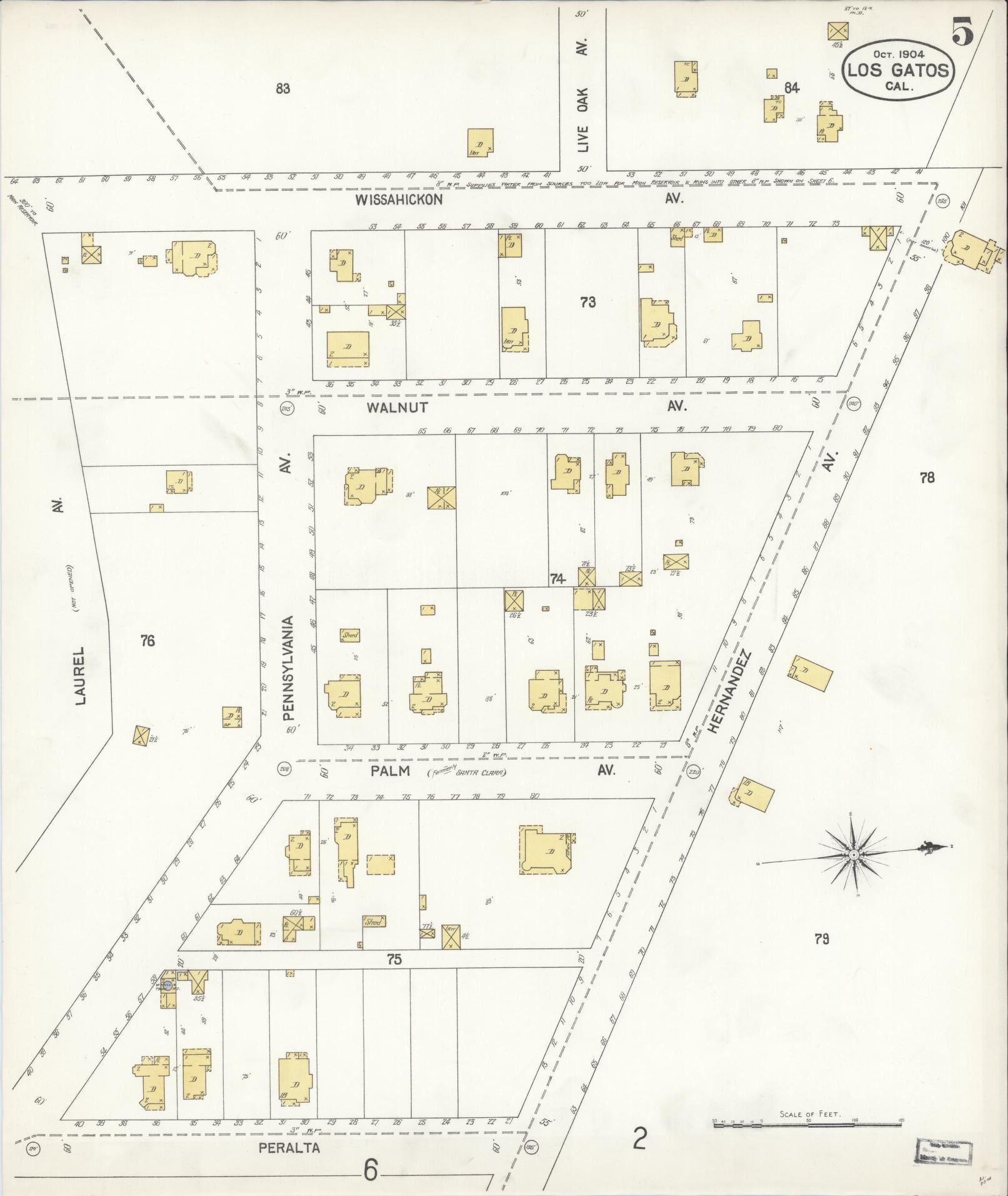 Sanborn Fire Insurance Map from Los Gatos, Santa Clara County, California (1904), Sheet #0005 - Complete Map Set gallery image, historic Sanborn map, vintage wall art, California California