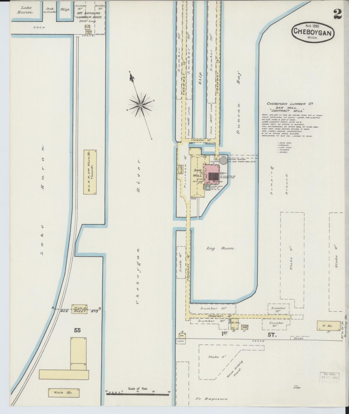 Sanborn Fire Insurance Map from Cheboygan, Cheboygan County, Michigan (1890), Sheet #0002 - Historic Sanborn Fire Insurance Map Print, vintage old map wall art, antique decor, genealogy gift, Michigan Michigan map