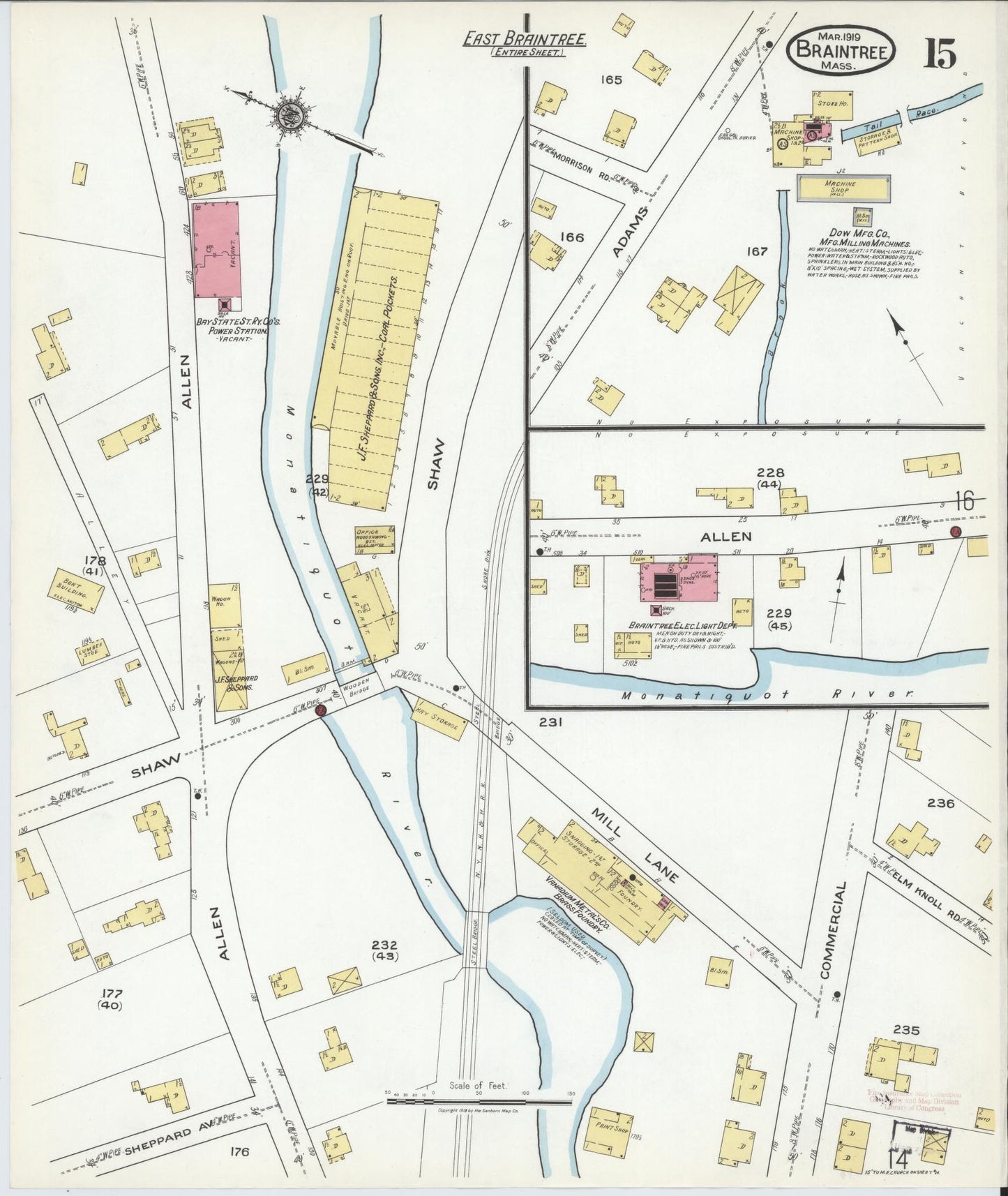 Sanborn Fire Insurance Map from Braintree, Norfolk County, Massachusetts (1919), Sheet #0015 - Historic Sanborn Fire Insurance Map Print, vintage old map wall art, antique decor, genealogy gift, Massachusetts Massachusetts map