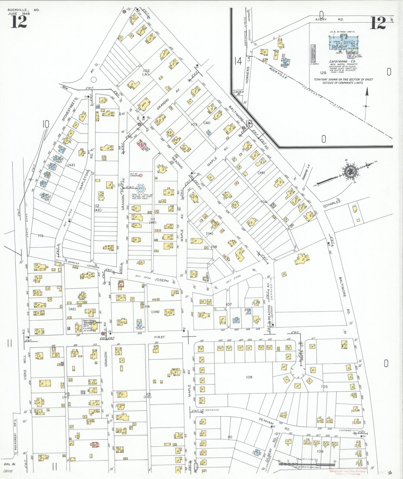 Sanborn Fire Insurance Map from Rockville, Montgomery County, Maryland (1949), Sheet #0012 - Historic Sanborn Fire Insurance Map Print, vintage old map wall art