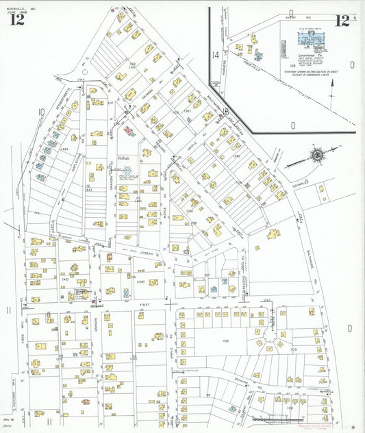 Sanborn Fire Insurance Map from Rockville, Montgomery County, Maryland (1949), Sheet #0012 - Historic Sanborn Fire Insurance Map Print, vintage old map wall art
