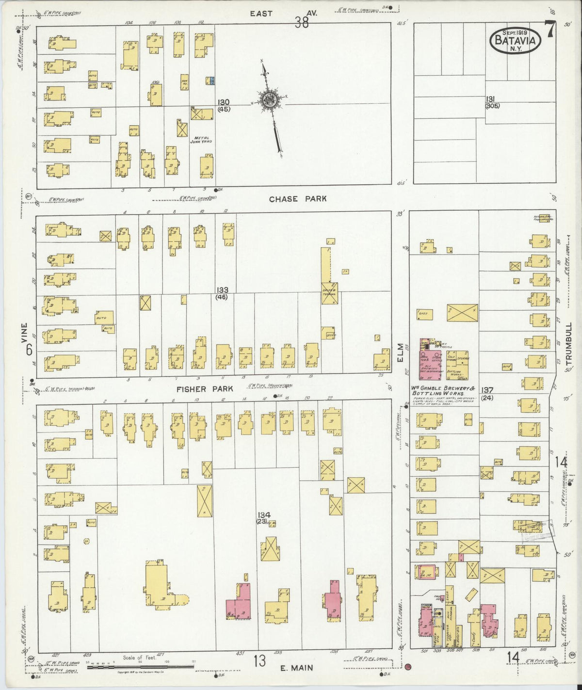 Sanborn Fire Insurance Map from Batavia, Genesee County, New York (1919), Sheet #0007 - Historic Sanborn Fire Insurance Map Print, vintage old map wall art, antique decor, genealogy gift, New York New York map