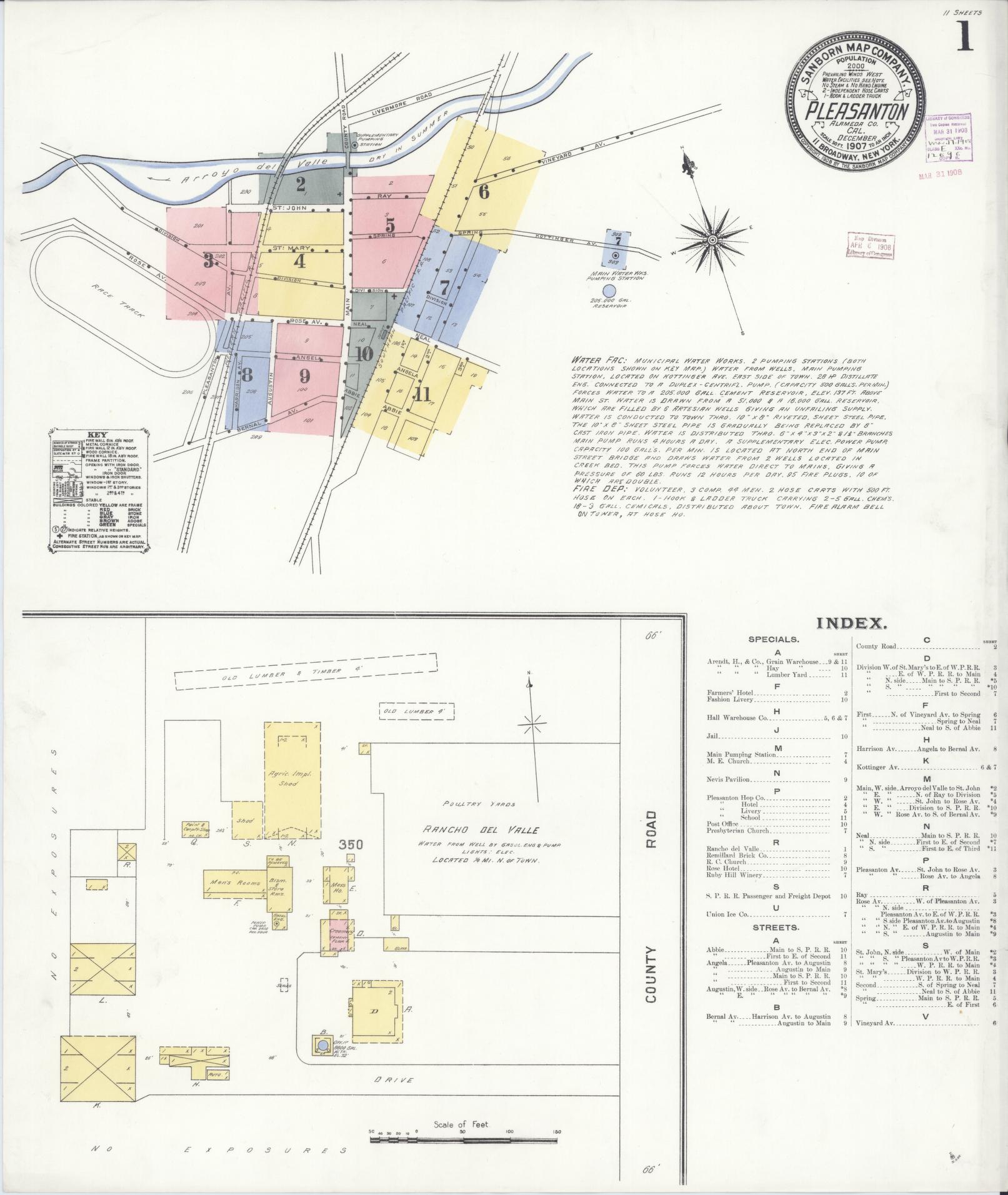 Sanborn Fire Insurance Map from Pleasanton, Alameda County, California (1907), Sheet #0001 - Complete Map Set gallery image, historic Sanborn map, vintage wall art, California California