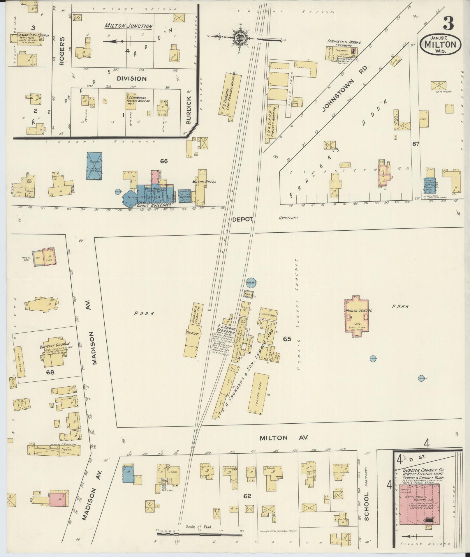 Sanborn Fire Insurance Map from Milton, Rock County, Wisconsin (1917), Sheet #0003 - Historic Sanborn Fire Insurance Map Print, vintage old map wall art, antique decor, genealogy gift, Wisconsin Wisconsin map