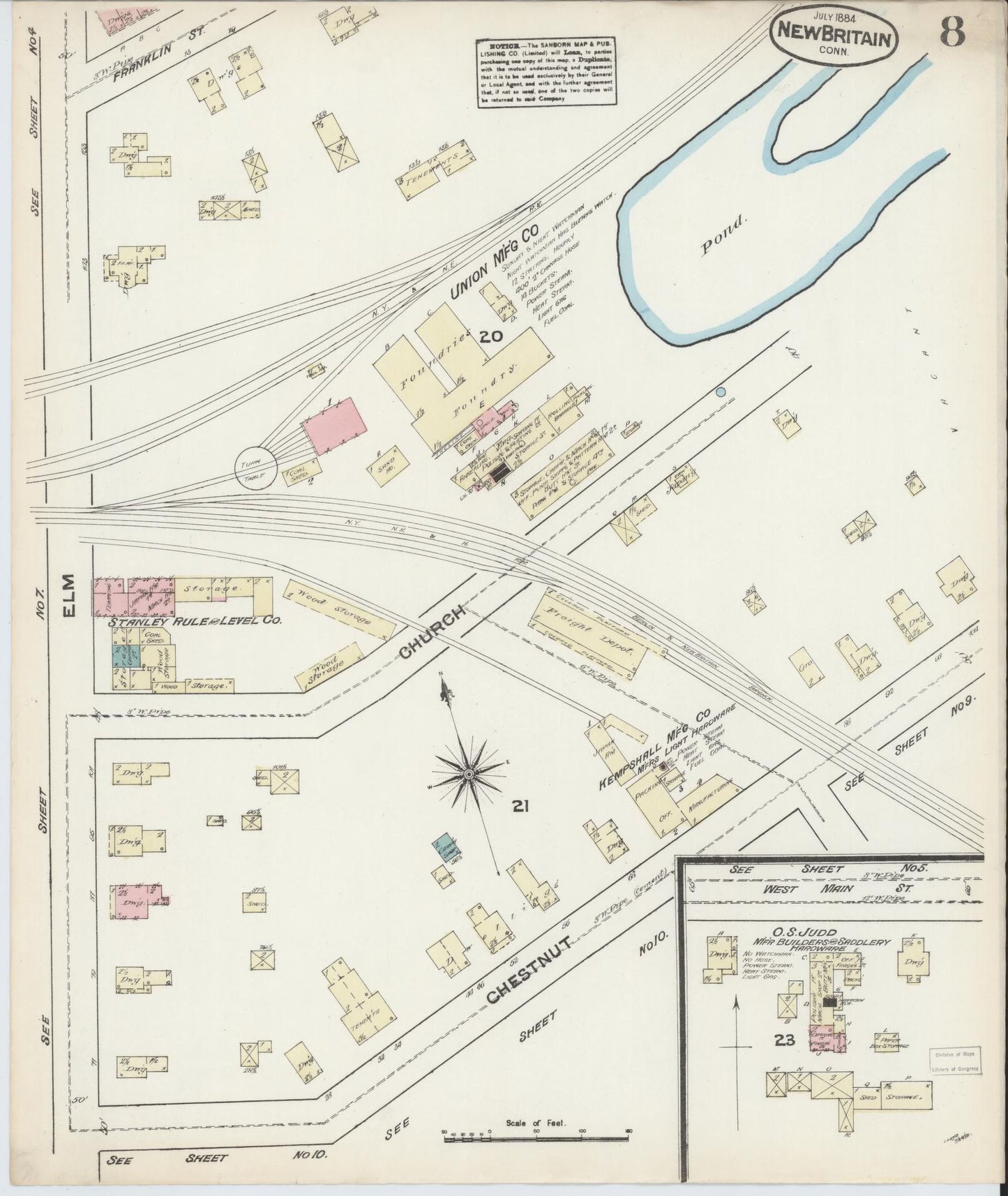 Sanborn Fire Insurance Map from New Britain, Hartford County, Connecticut (1884), Sheet #0008 - Complete Map Set gallery image, historic Sanborn map, vintage wall art, Connecticut Connecticut