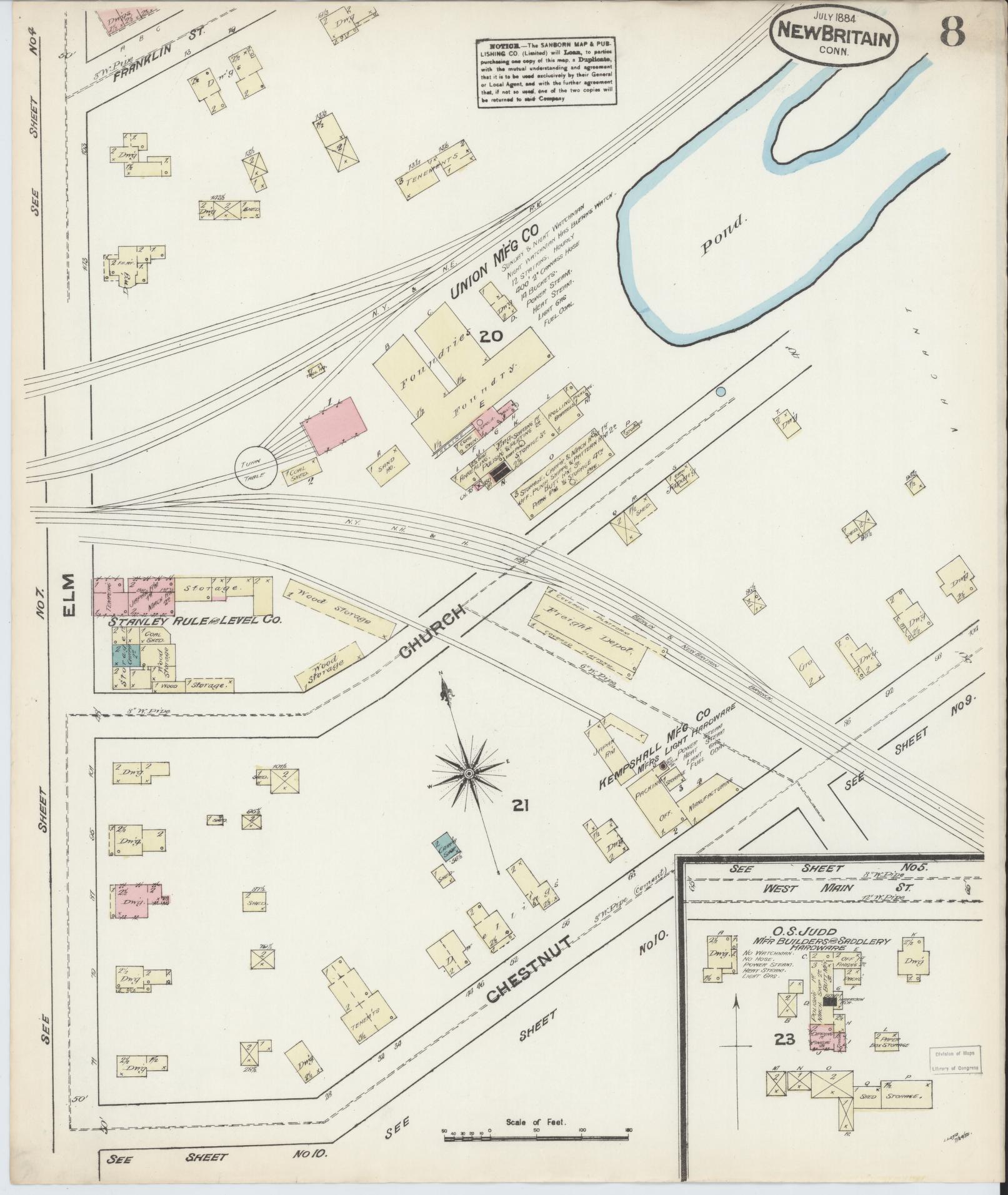Sanborn Fire Insurance Map from New Britain, Hartford County, Connecticut (1884), Sheet #0008 - Complete Map Set gallery image, historic Sanborn map, vintage wall art, Connecticut Connecticut