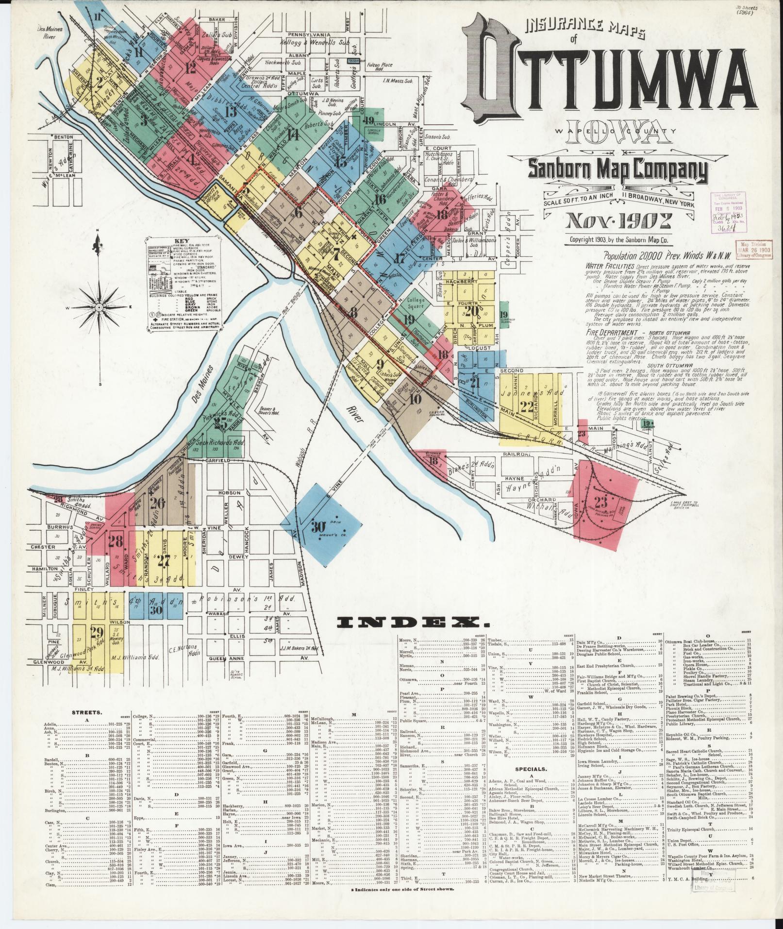 Sanborn Fire Insurance Map from Ottumwa, Wapello County, Iowa (1902), Sheet #0001 - Historic Sanborn Fire Insurance Map Print, vintage old map wall art