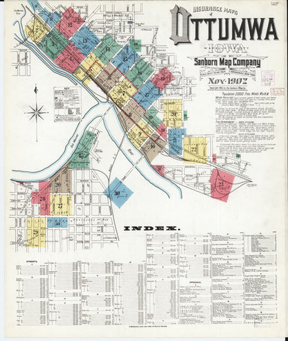 Sanborn Fire Insurance Map from Ottumwa, Wapello County, Iowa (1902), Sheet #0001 - Historic Sanborn Fire Insurance Map Print, vintage old map wall art