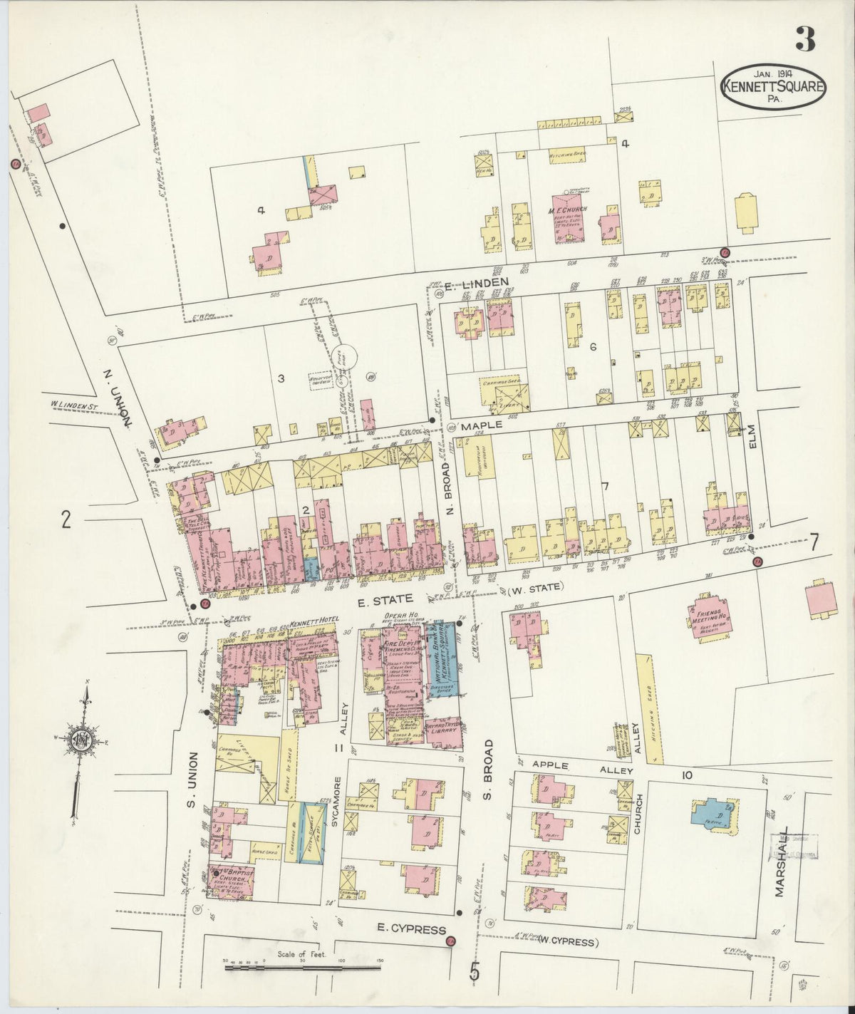 Sanborn Fire Insurance Map from Kennett Square, Chester County, Pennsylvania (1914), Sheet #0003 - Historic Sanborn Fire Insurance Map Print, vintage old map wall art, antique decor, genealogy gift, Pennsylvania Pennsylvania map