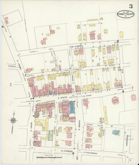 Sanborn Fire Insurance Map from Kennett Square, Chester County, Pennsylvania (1914), Sheet #0003 - Historic Sanborn Fire Insurance Map Print, vintage old map wall art, antique decor, genealogy gift, Pennsylvania Pennsylvania map