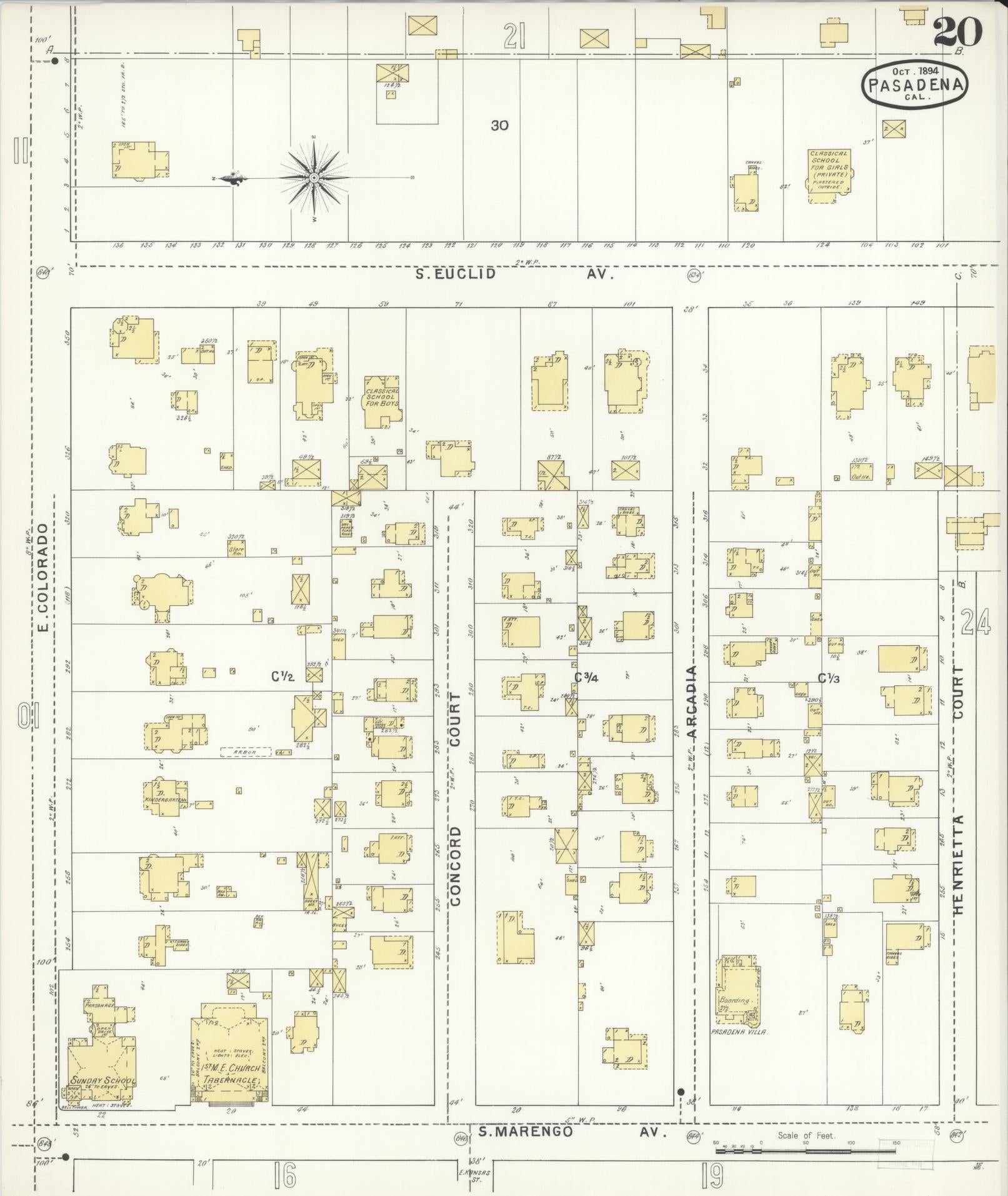 Sanborn Fire Insurance Map from Pasadena, Los Angeles County, California (1894), Sheet #0020 - Complete Map Set gallery image, historic Sanborn map, vintage wall art, California California